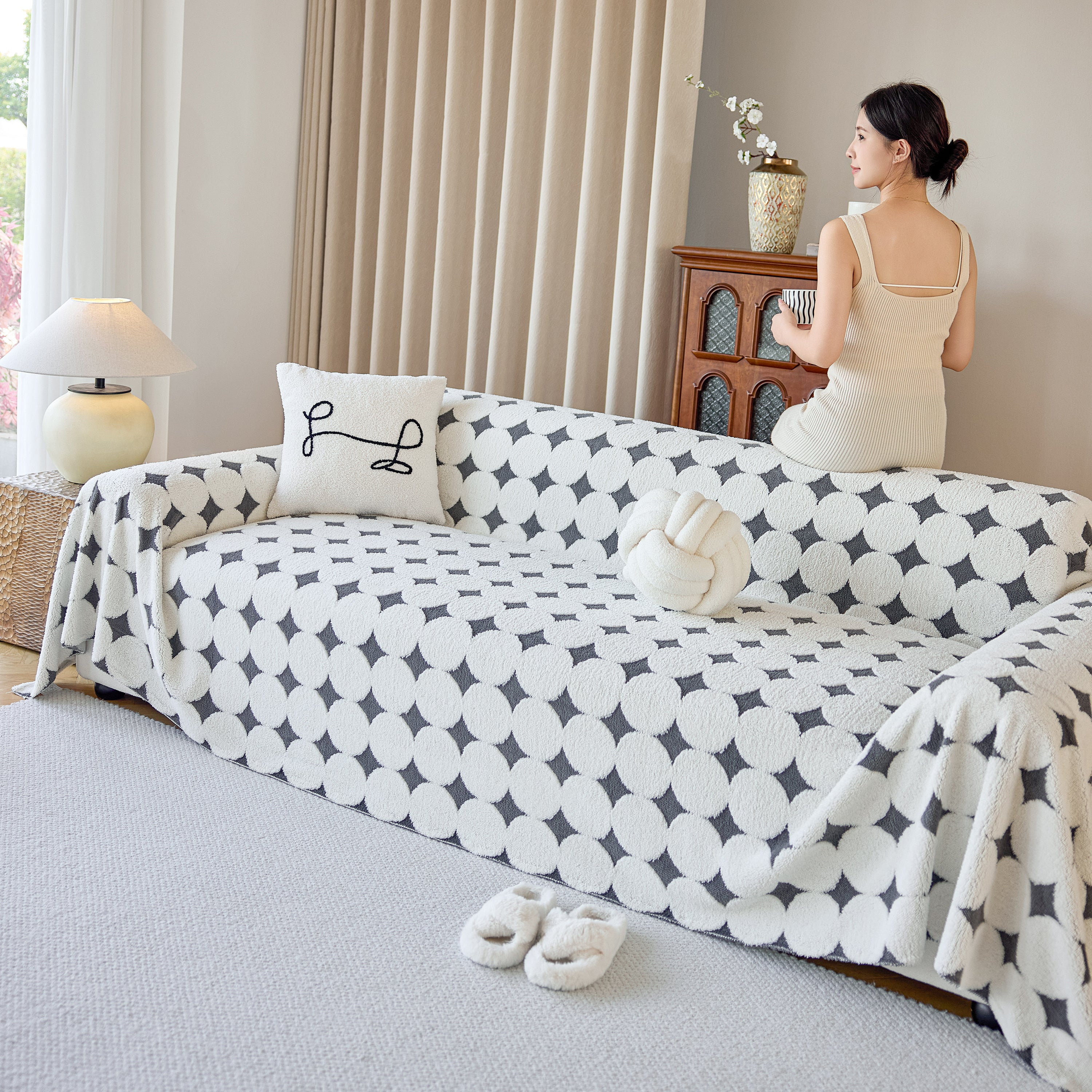 Geometric Jacquard Plush Warm Sofa Couch Cover Coral Fleece Throw Blanket For Couch