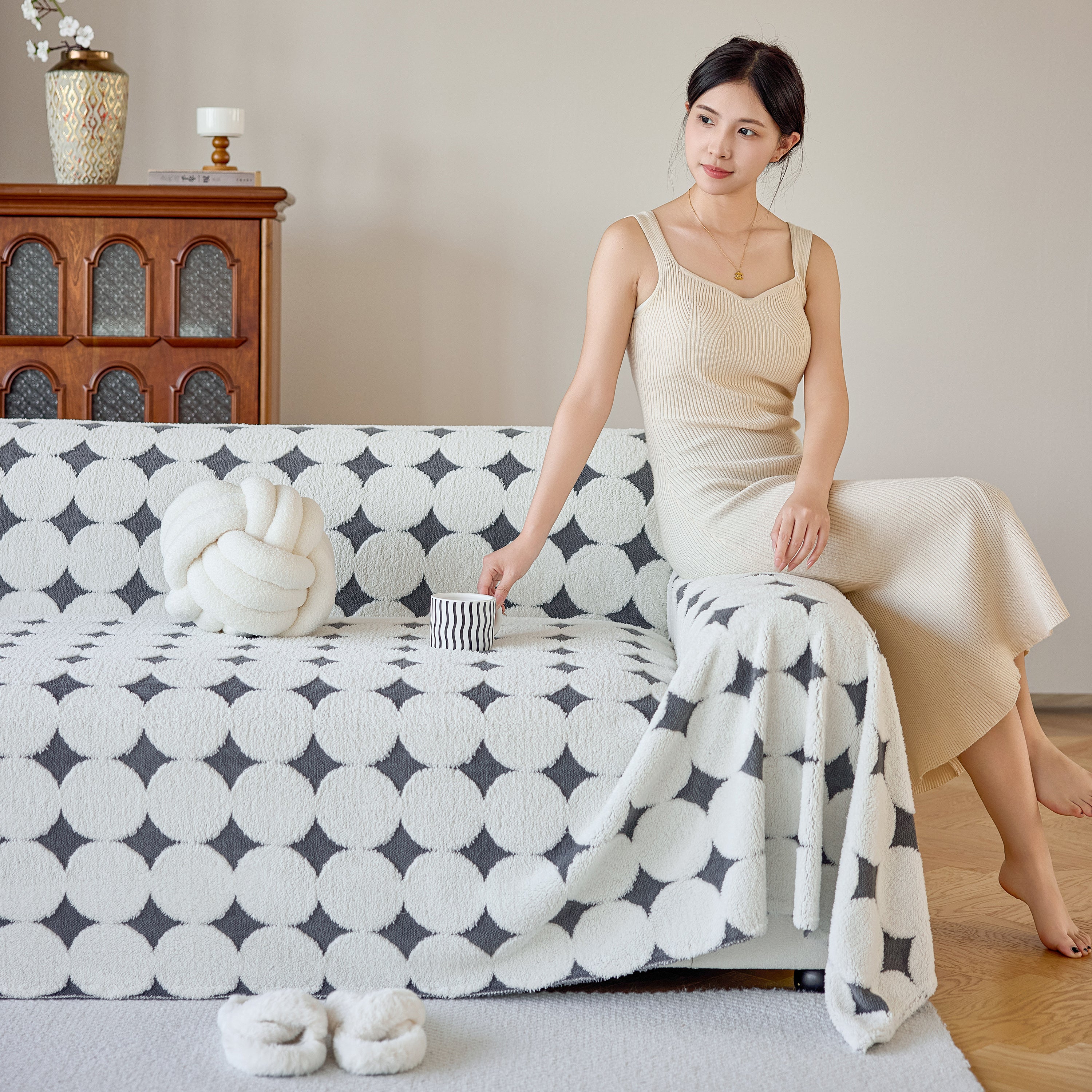 Geometric Jacquard Plush Warm Sofa Couch Cover Coral Fleece Throw Blanket For Couch
