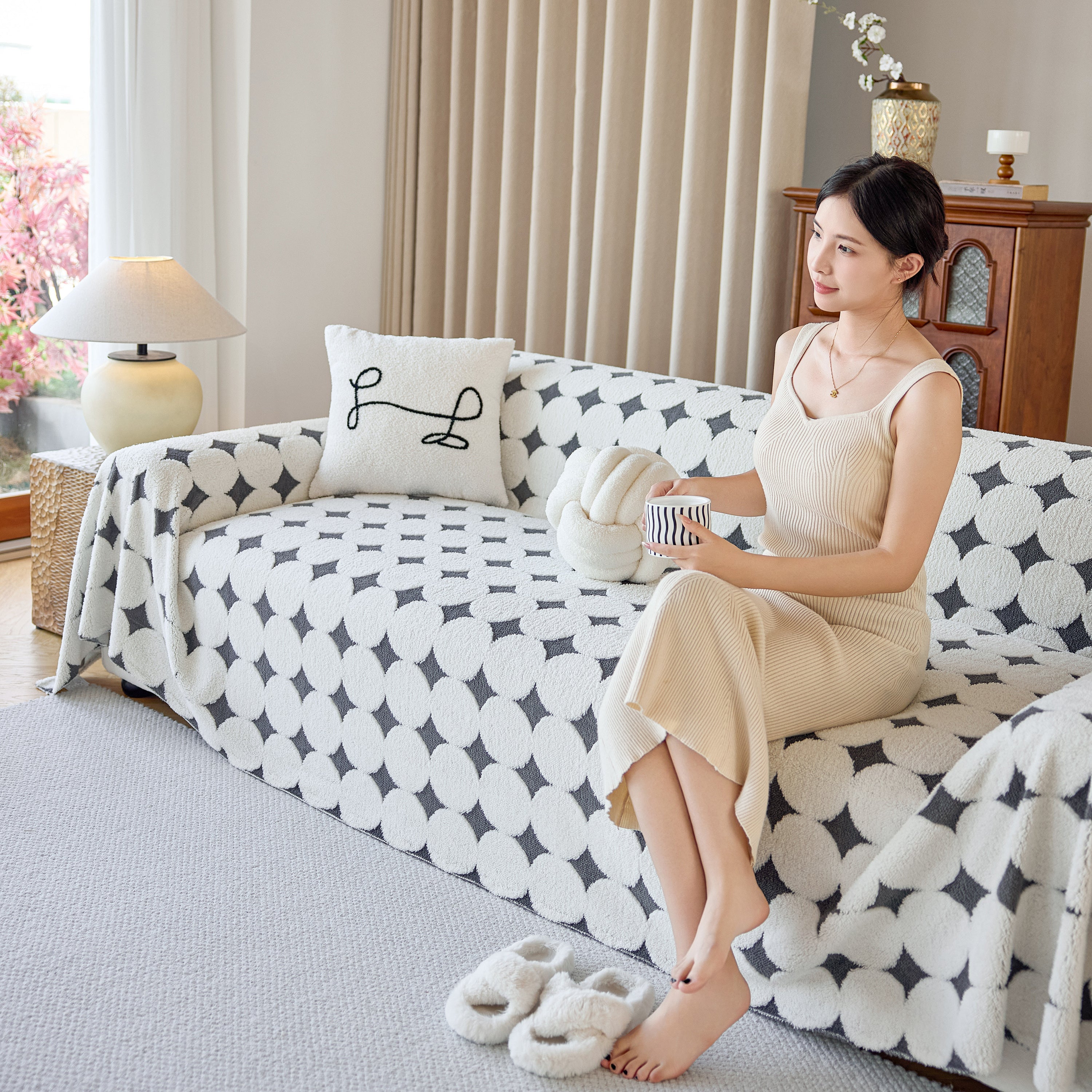 Geometric Jacquard Plush Warm Sofa Couch Cover Coral Fleece Throw Blanket For Couch