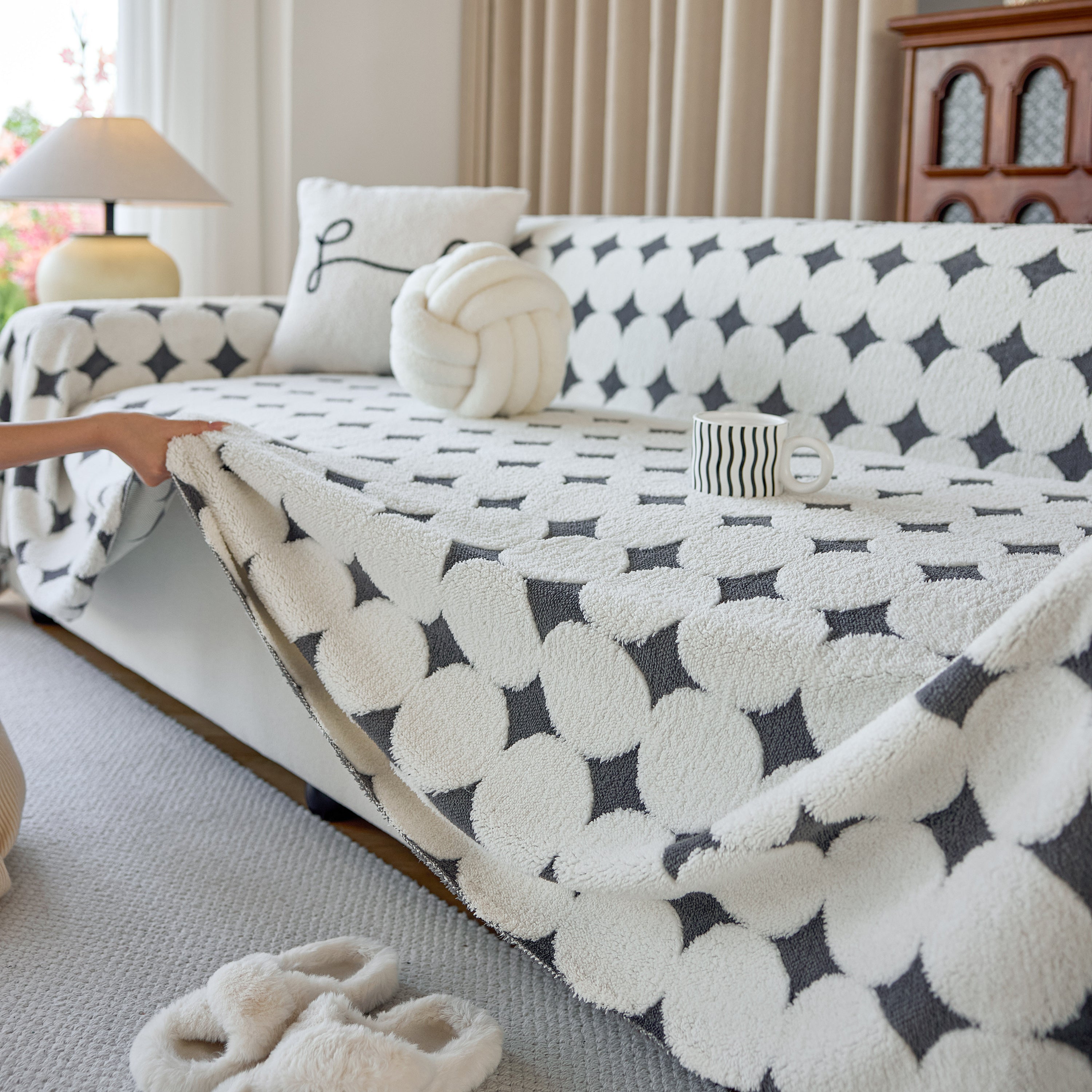 Geometric Jacquard Plush Warm Sofa Couch Cover Coral Fleece Throw Blanket For Couch