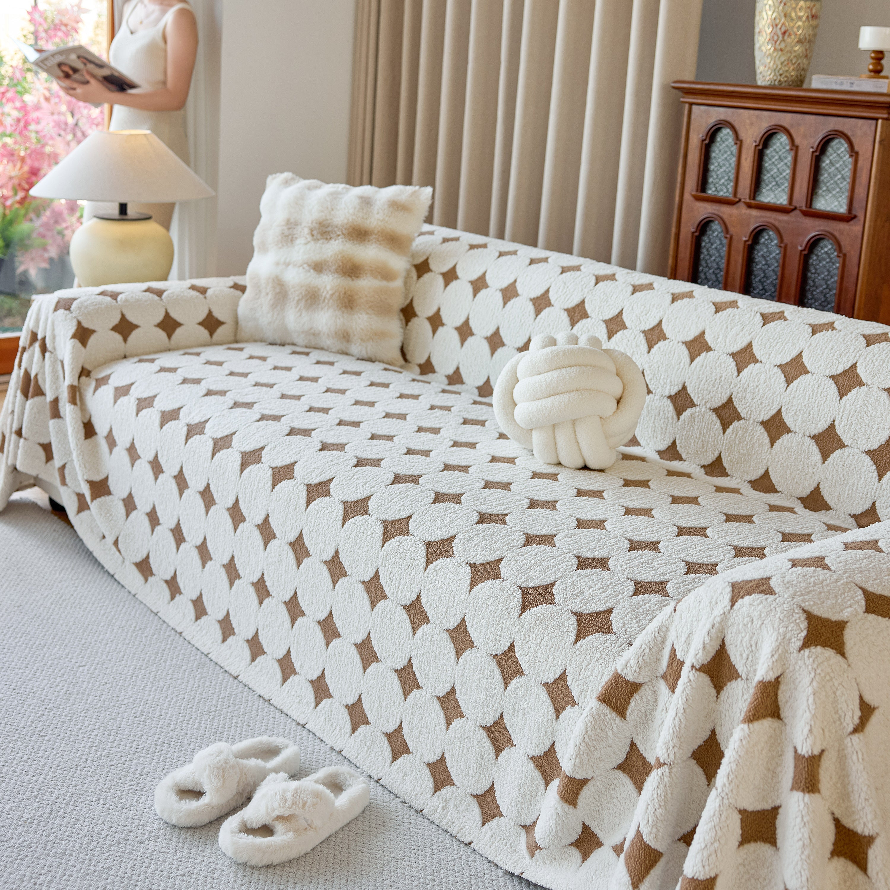 Geometric Jacquard Plush Warm Sofa Couch Cover Coral Fleece Throw Blanket For Couch