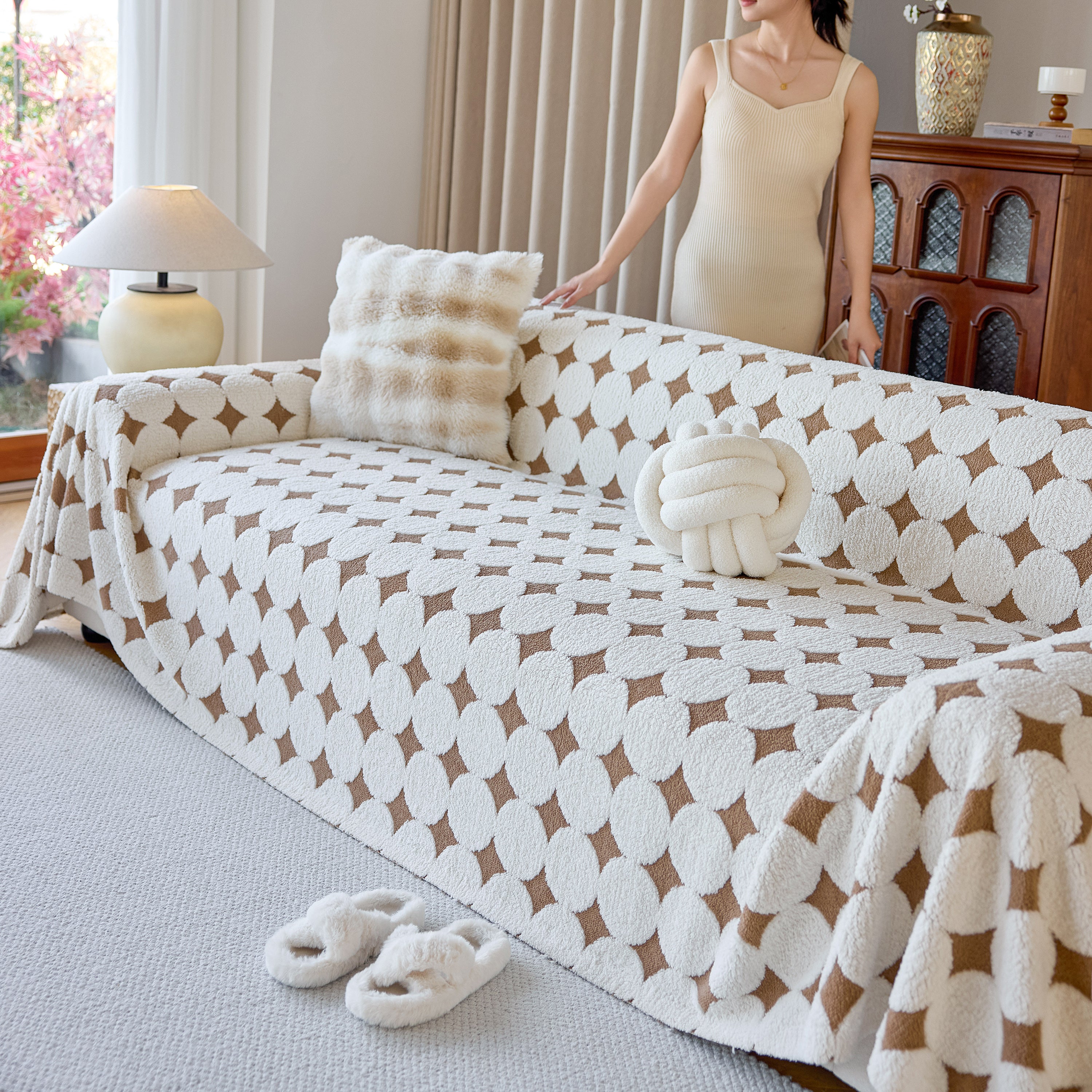 Geometric Jacquard Plush Warm Sofa Couch Cover Coral Fleece Throw Blanket For Couch