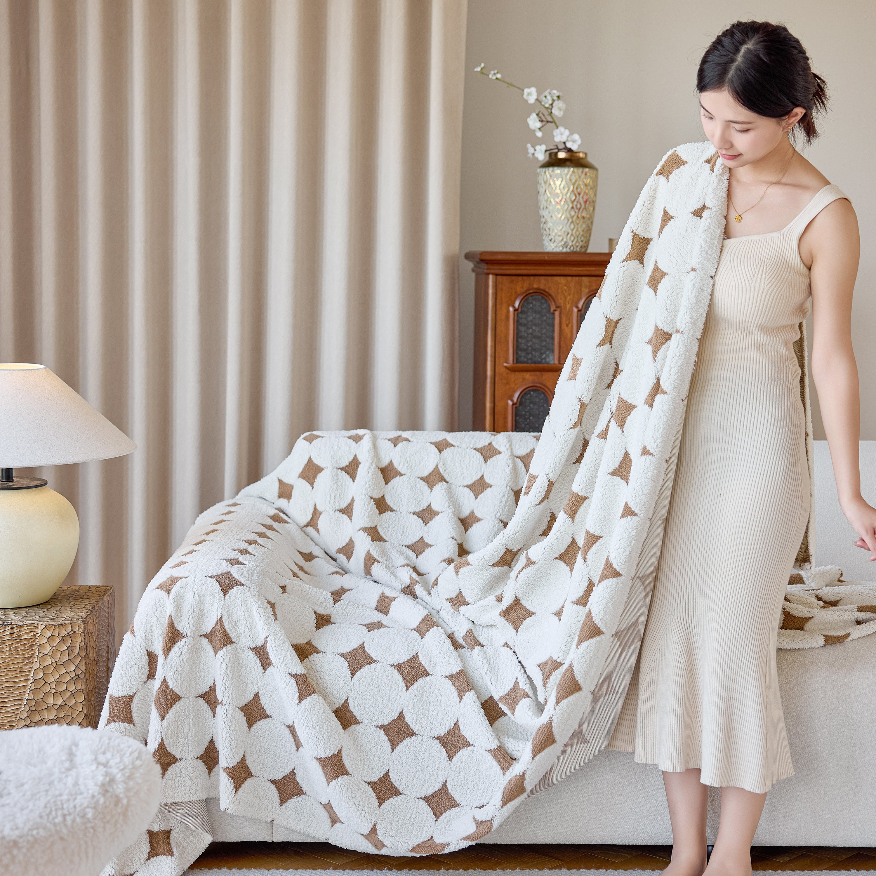 Geometric Jacquard Plush Warm Sofa Couch Cover Coral Fleece Throw Blanket For Couch