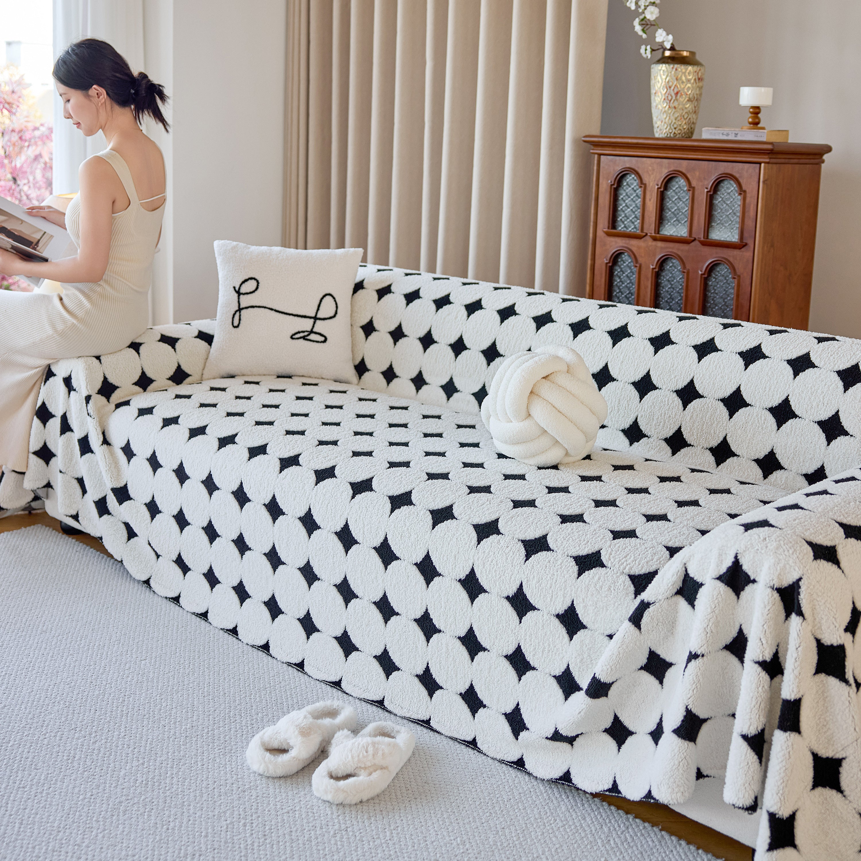 Geometric Jacquard Plush Warm Sofa Couch Cover Coral Fleece Throw Blanket For Couch