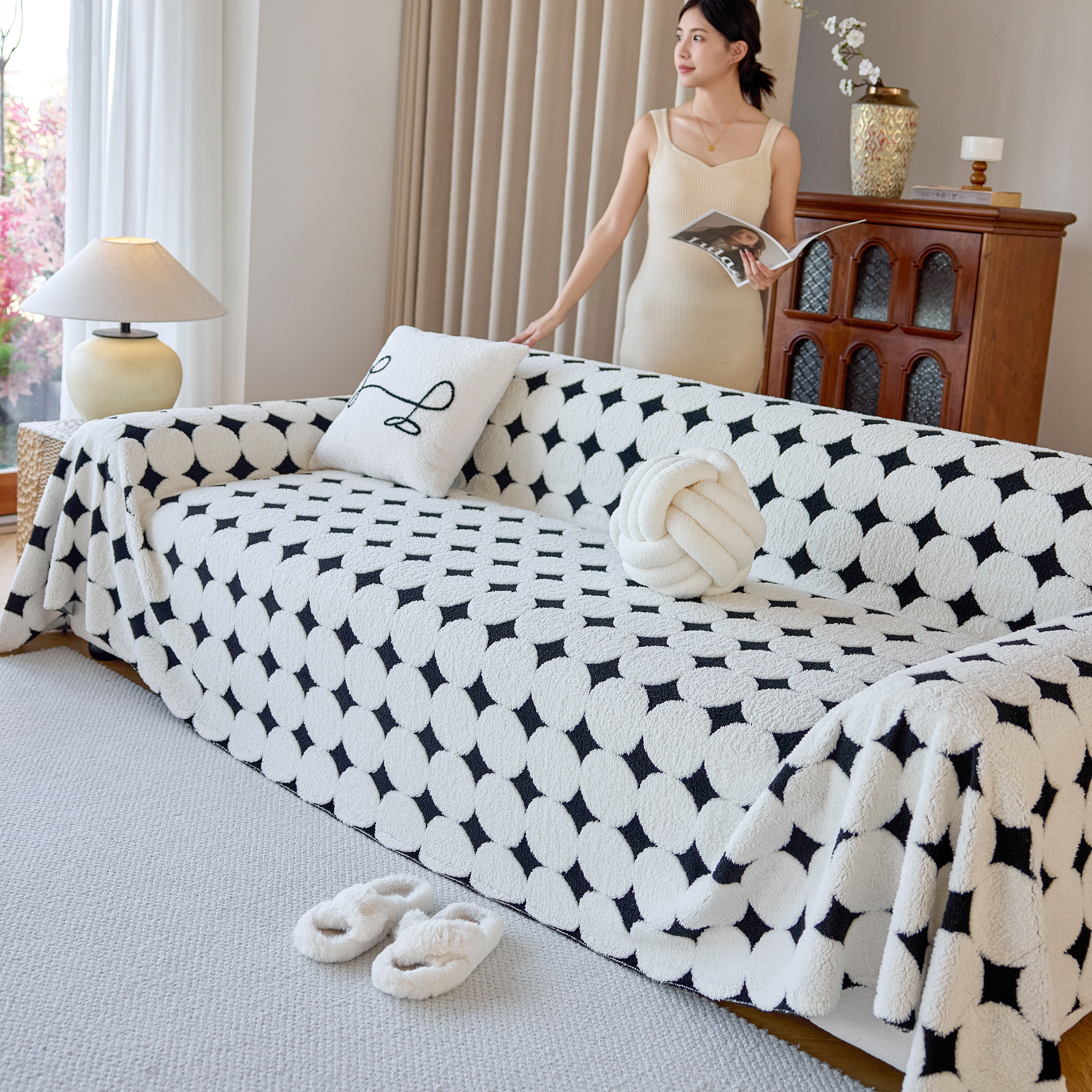 Geometric Jacquard Plush Warm Sofa Couch Cover Coral Fleece Throw Blanket For Couch