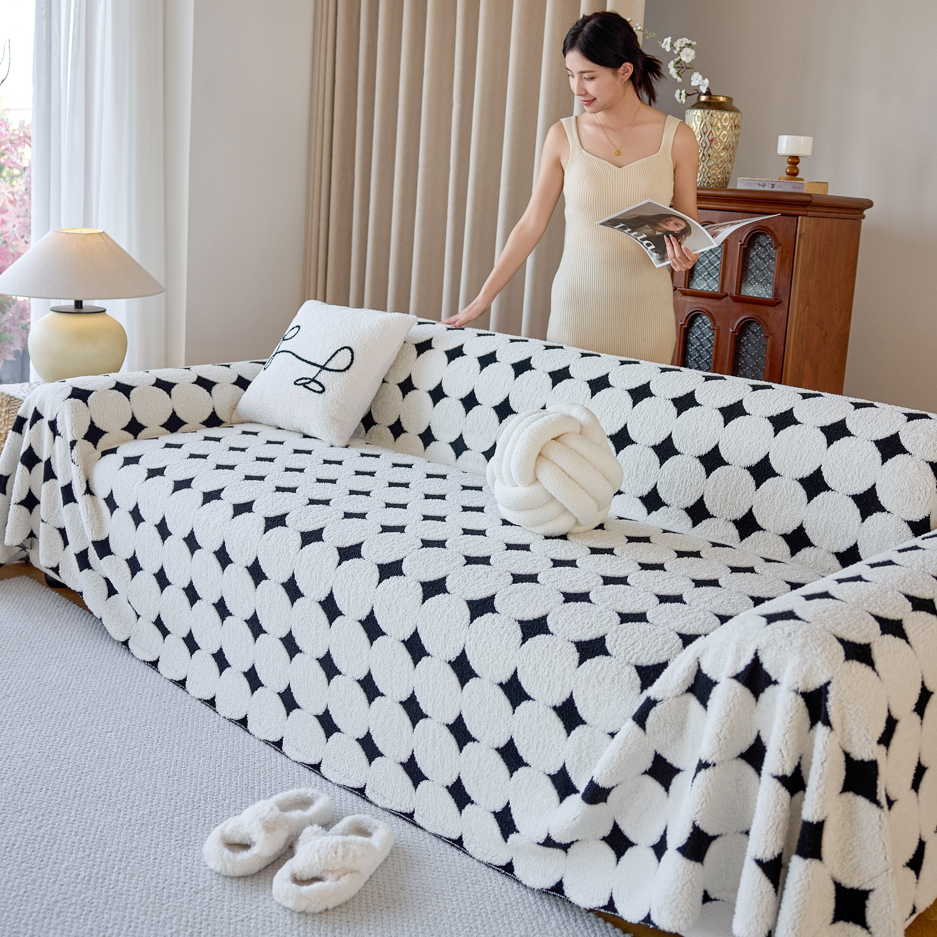 Geometric Jacquard Plush Warm Sofa Couch Cover Coral Fleece Throw Blanket For Couch
