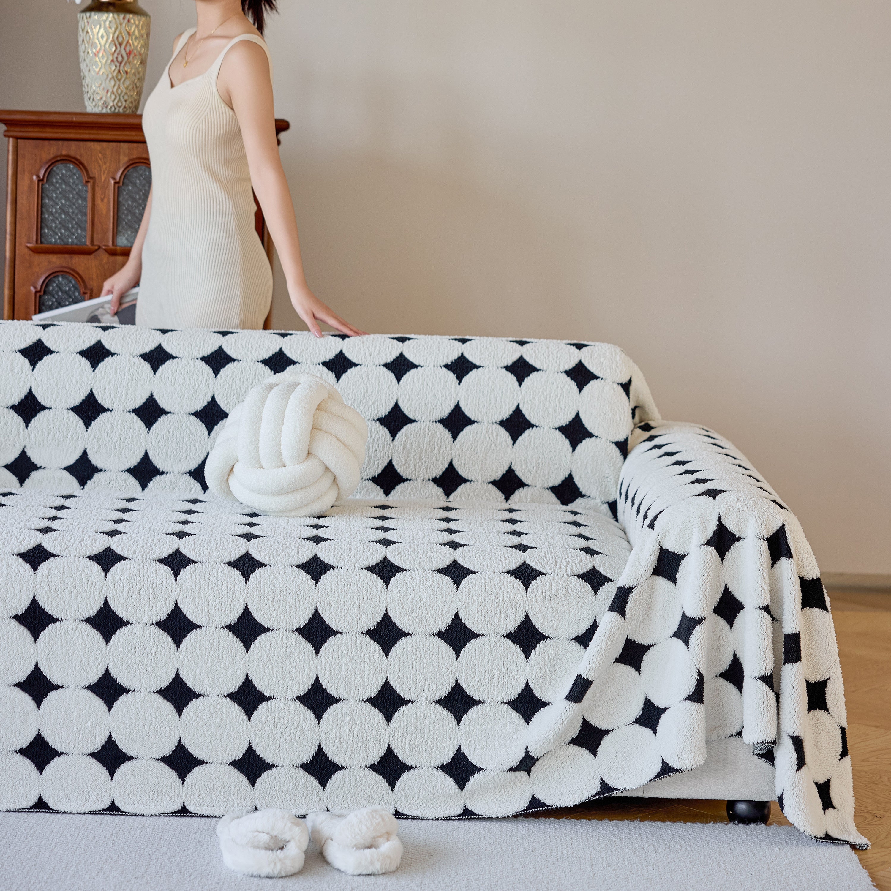 Geometric Jacquard Plush Warm Sofa Couch Cover Coral Fleece Throw Blanket For Couch