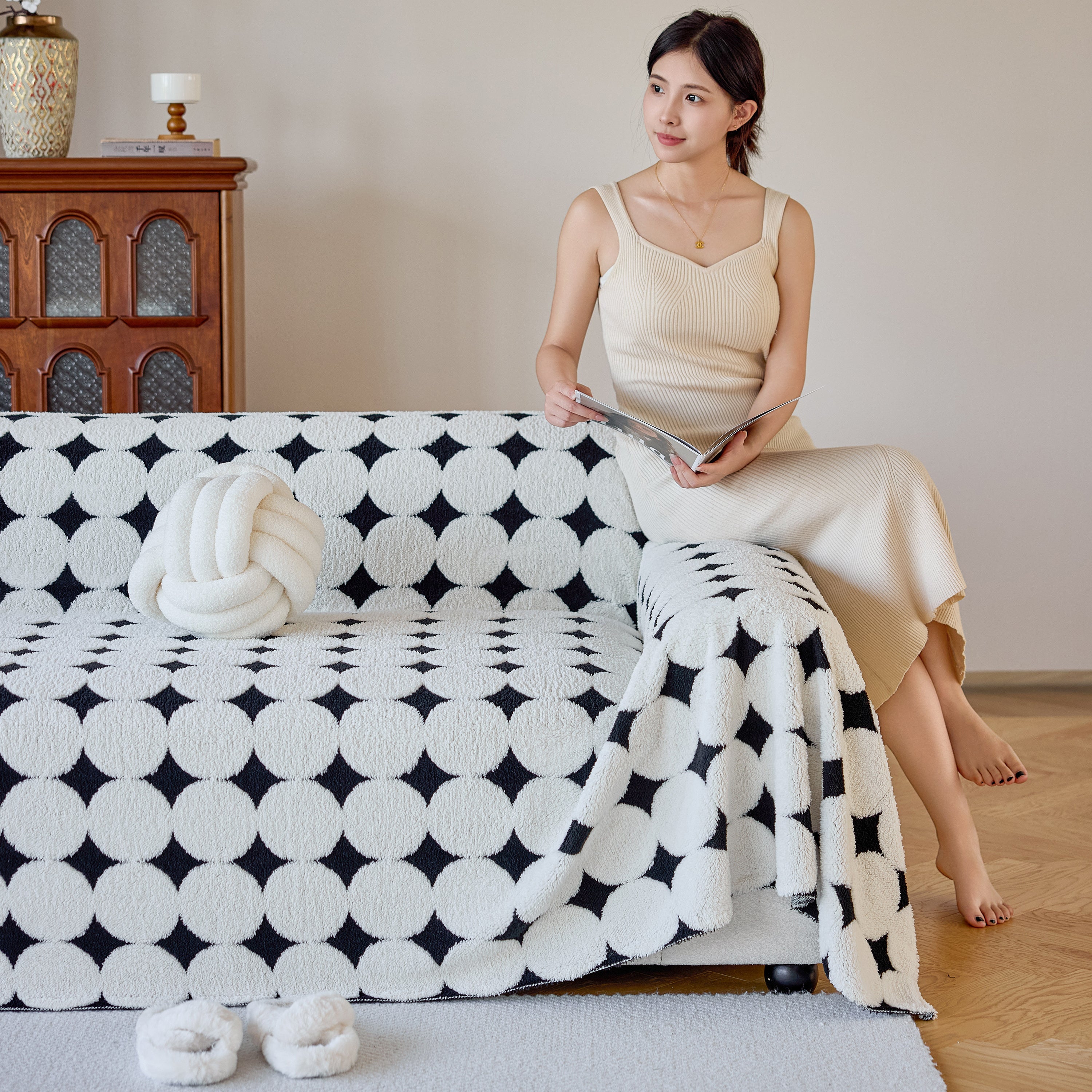 Geometric Jacquard Plush Warm Sofa Couch Cover Coral Fleece Throw Blanket For Couch