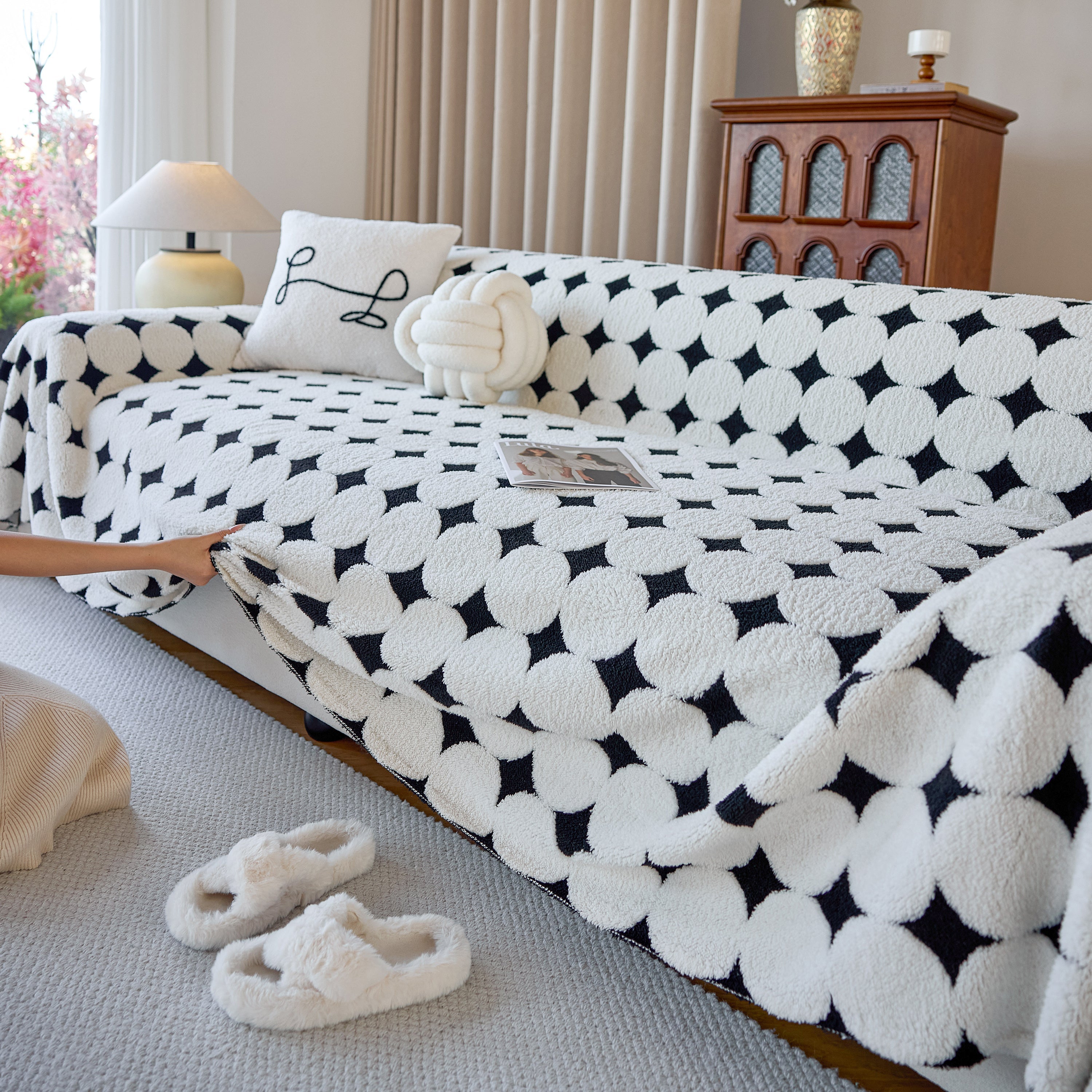 Geometric Jacquard Plush Warm Sofa Couch Cover Coral Fleece Throw Blanket For Couch