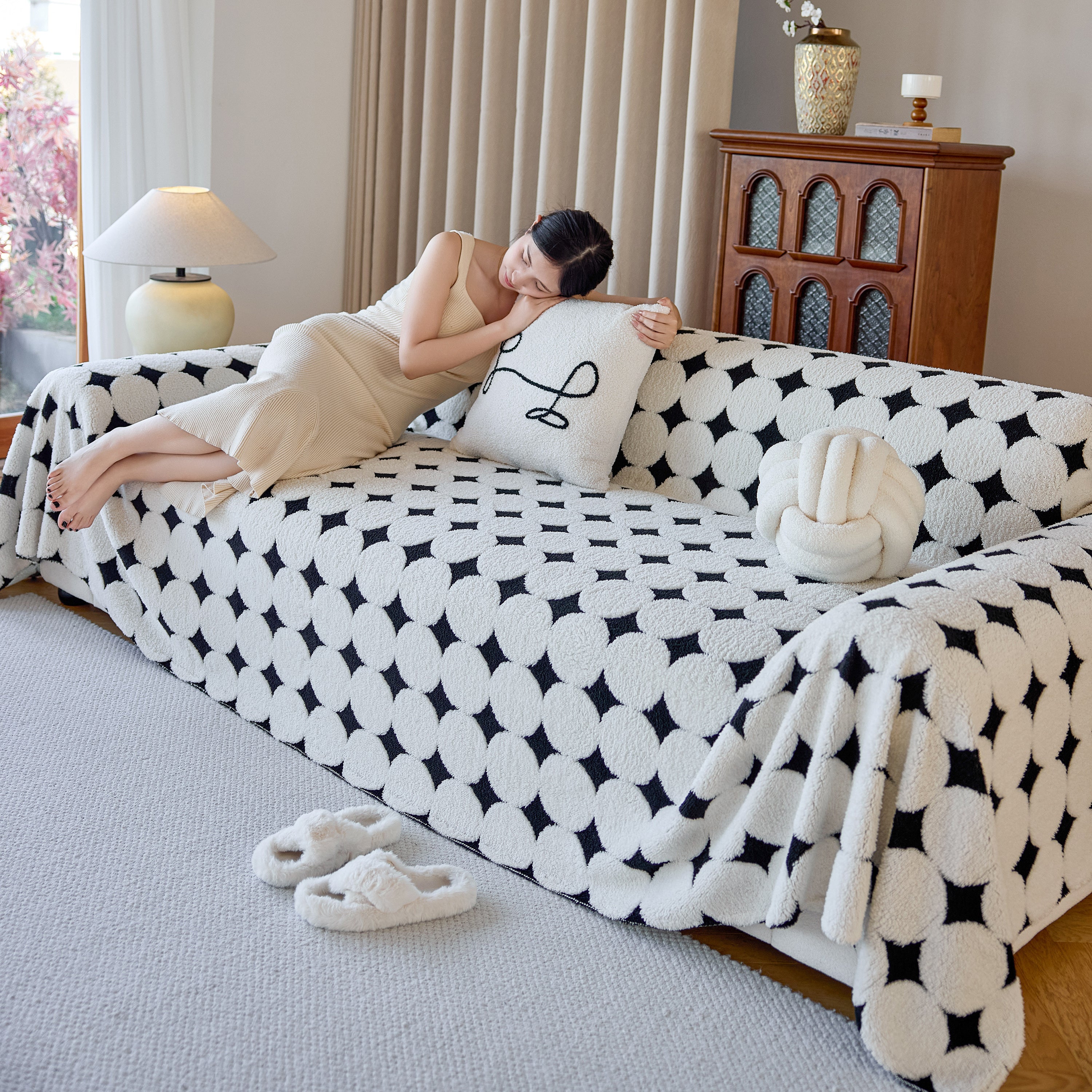Geometric Jacquard Plush Warm Sofa Couch Cover Coral Fleece Throw Blanket For Couch