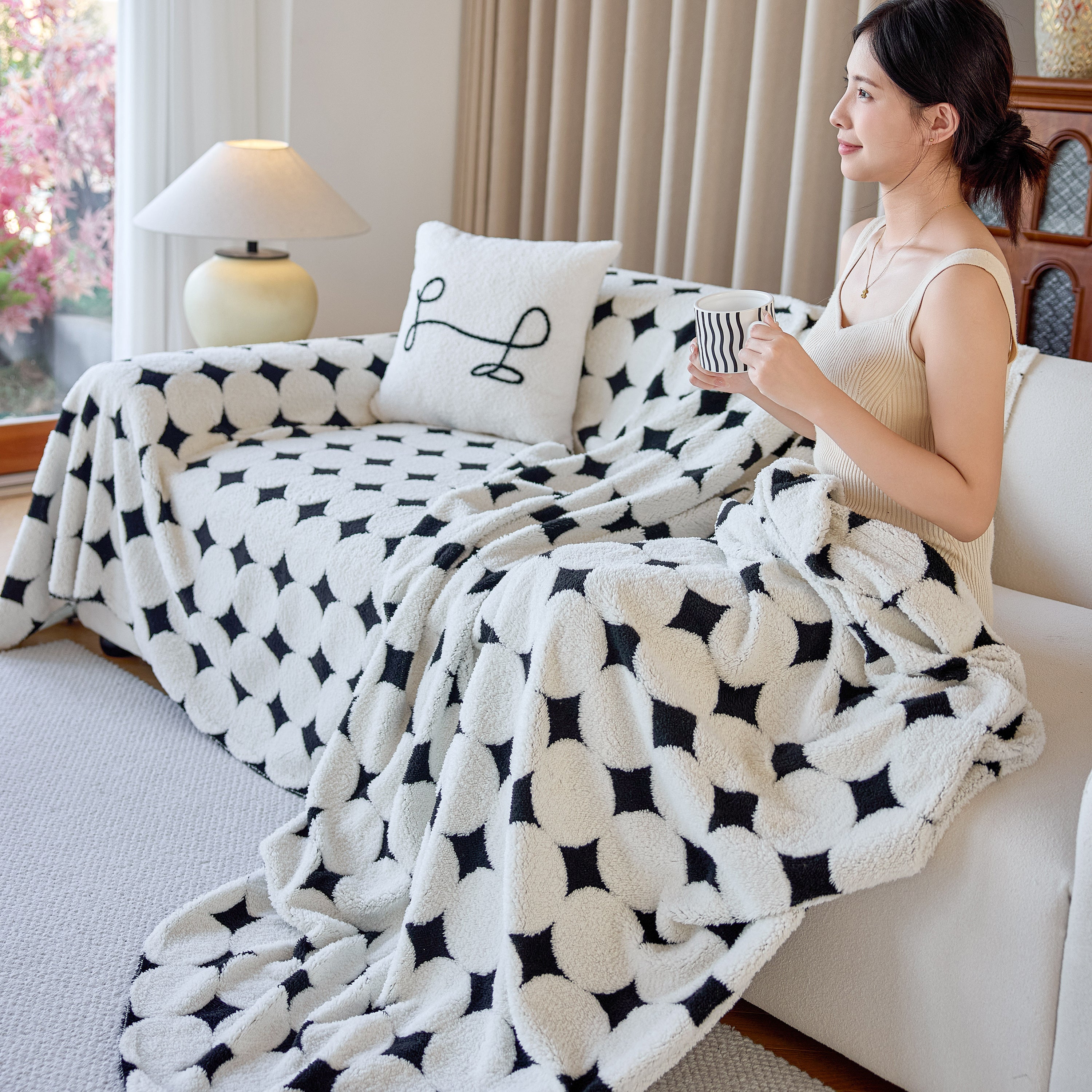 Geometric Jacquard Plush Warm Sofa Couch Cover Coral Fleece Throw Blanket For Couch