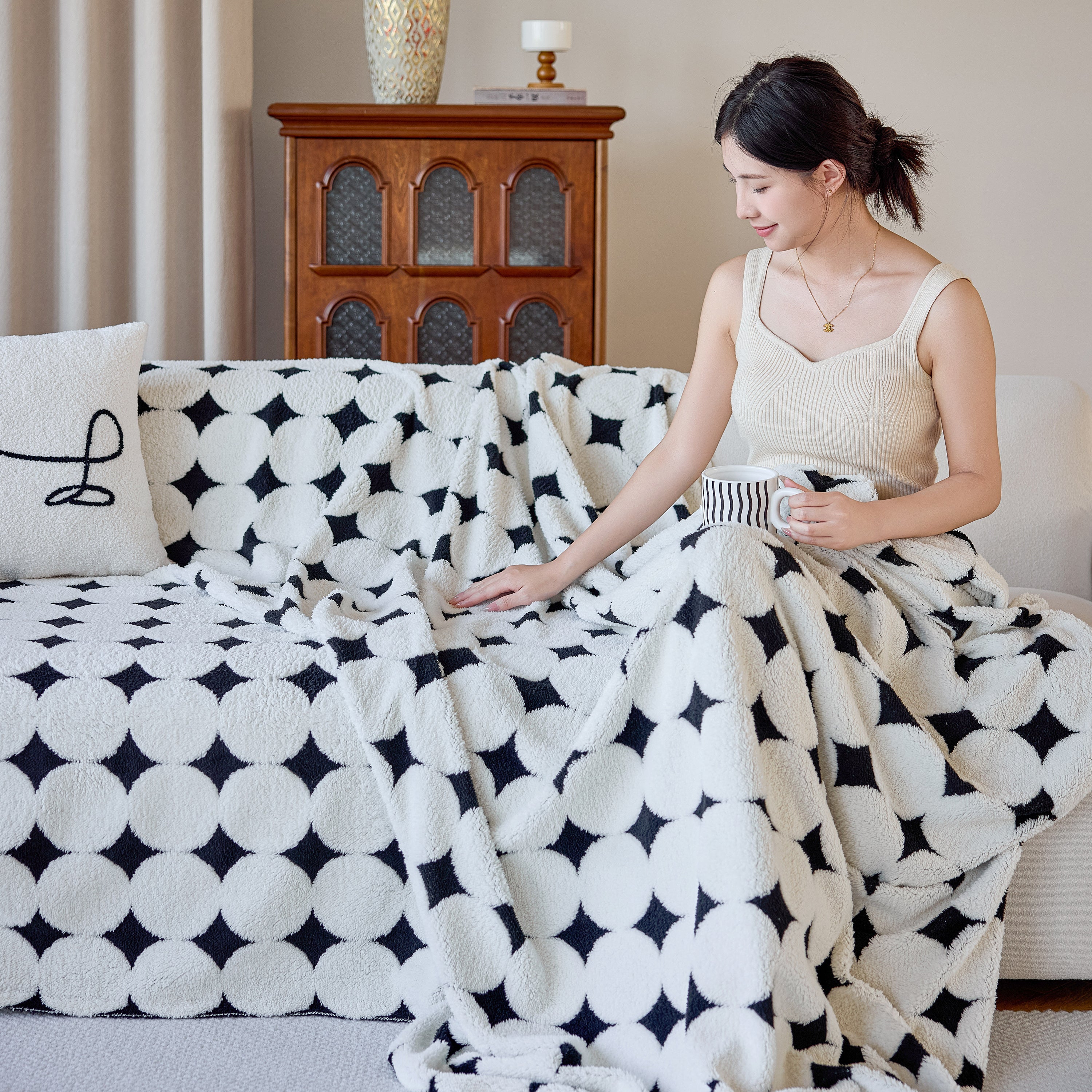 Geometric Jacquard Plush Warm Sofa Couch Cover Coral Fleece Throw Blanket For Couch