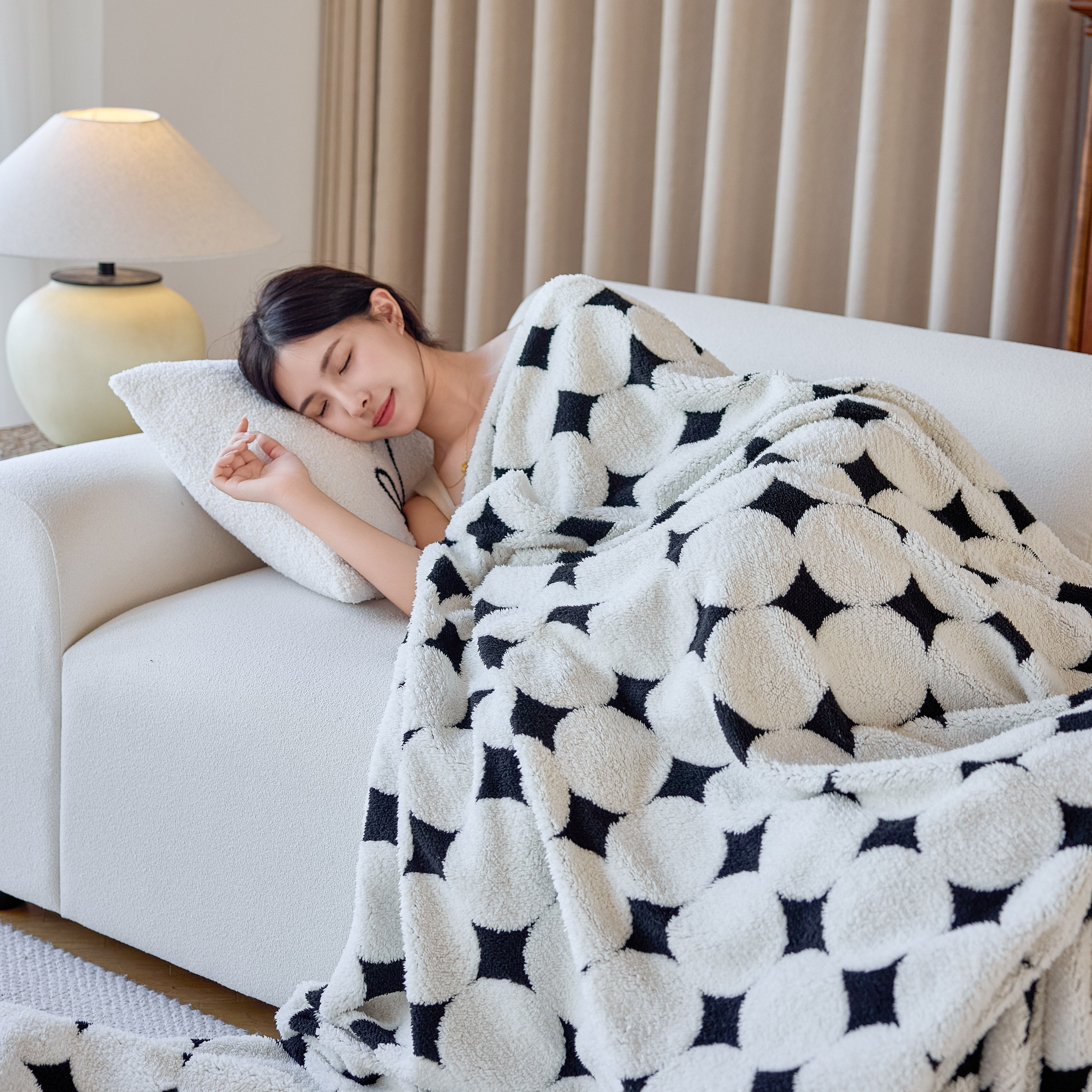 Geometric Jacquard Plush Warm Sofa Couch Cover Coral Fleece Throw Blanket For Couch