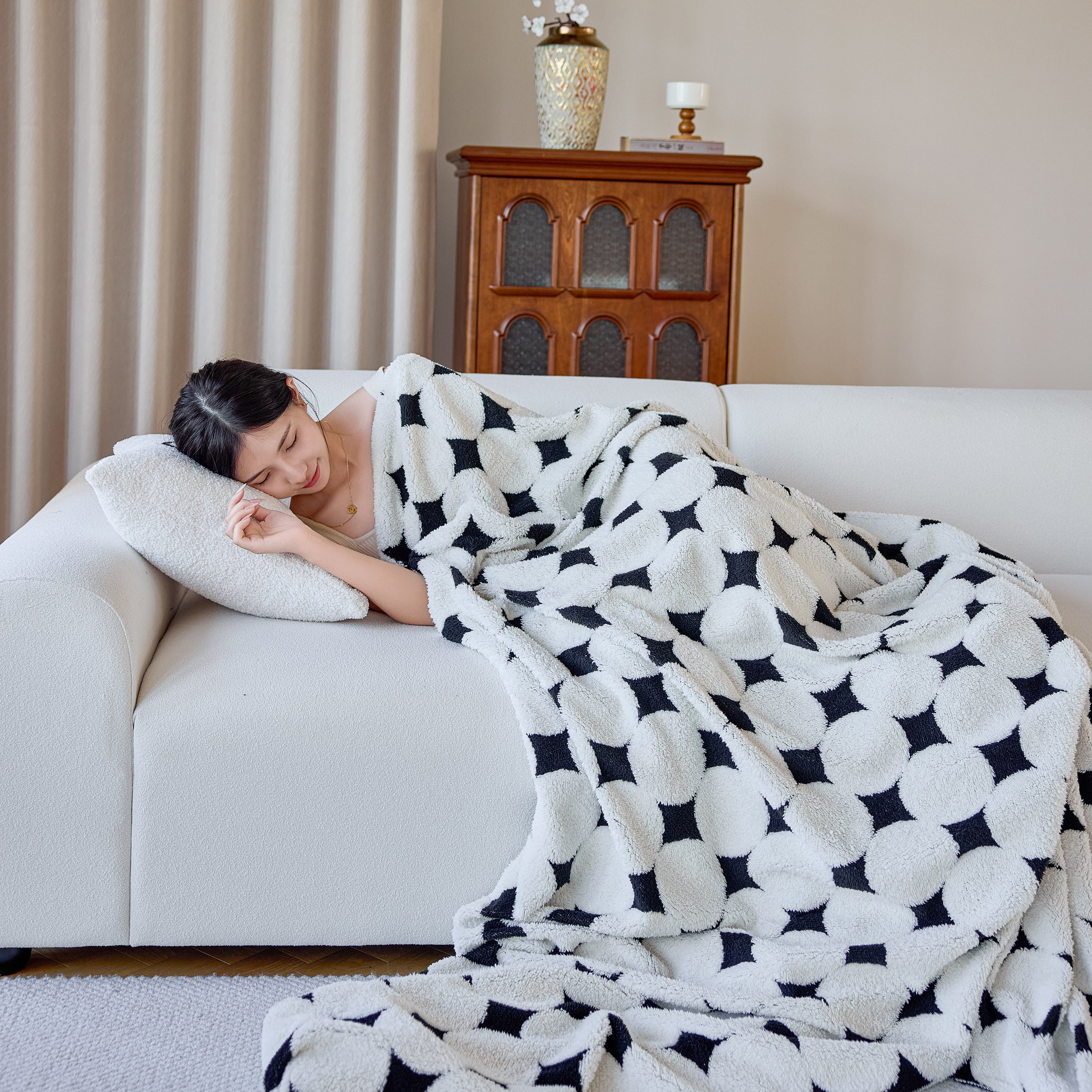 Geometric Jacquard Plush Warm Sofa Couch Cover Coral Fleece Throw Blanket For Couch