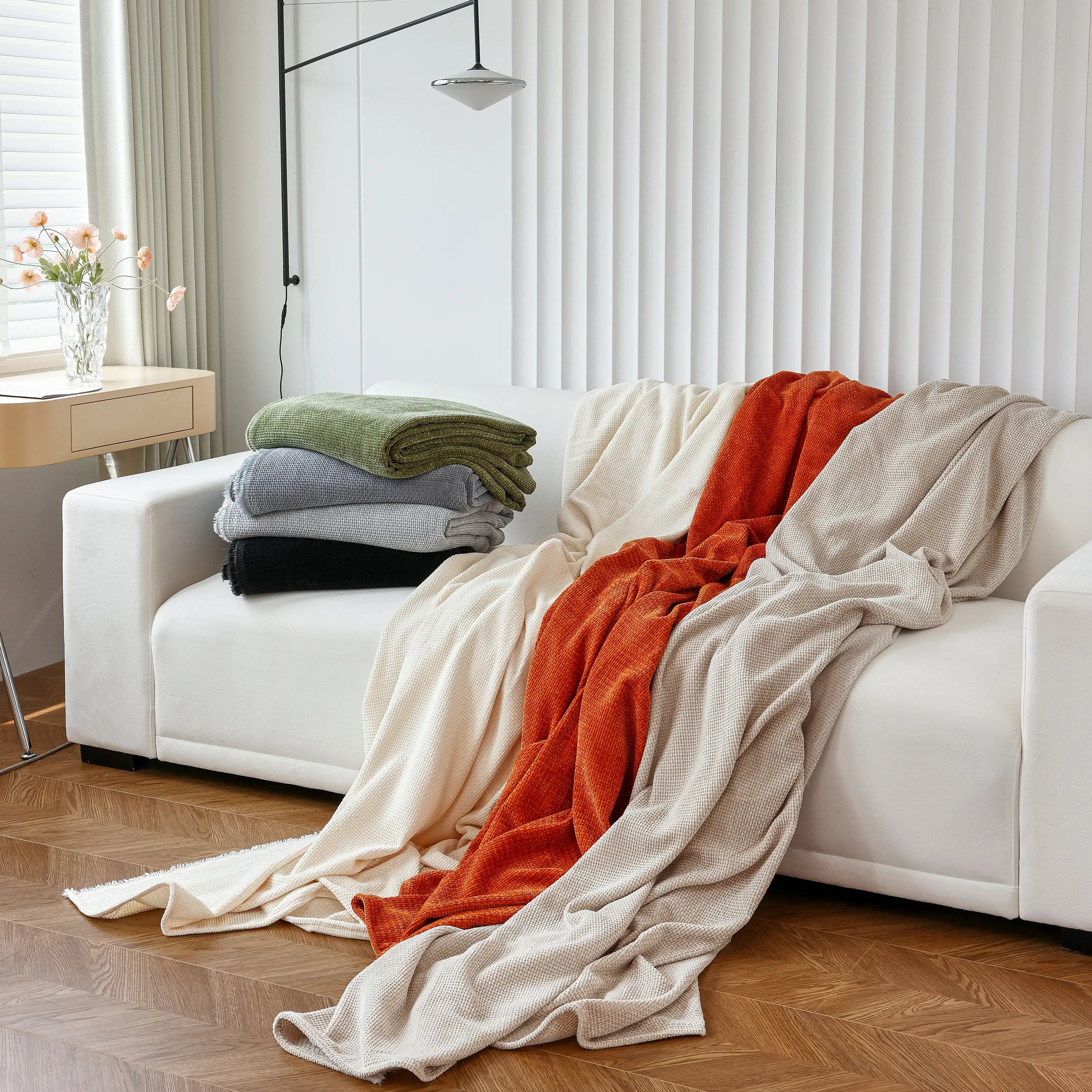 Chenille Thickened Solid Couch Blanket Throws, Reversible Couch Covers For Sectional Couches