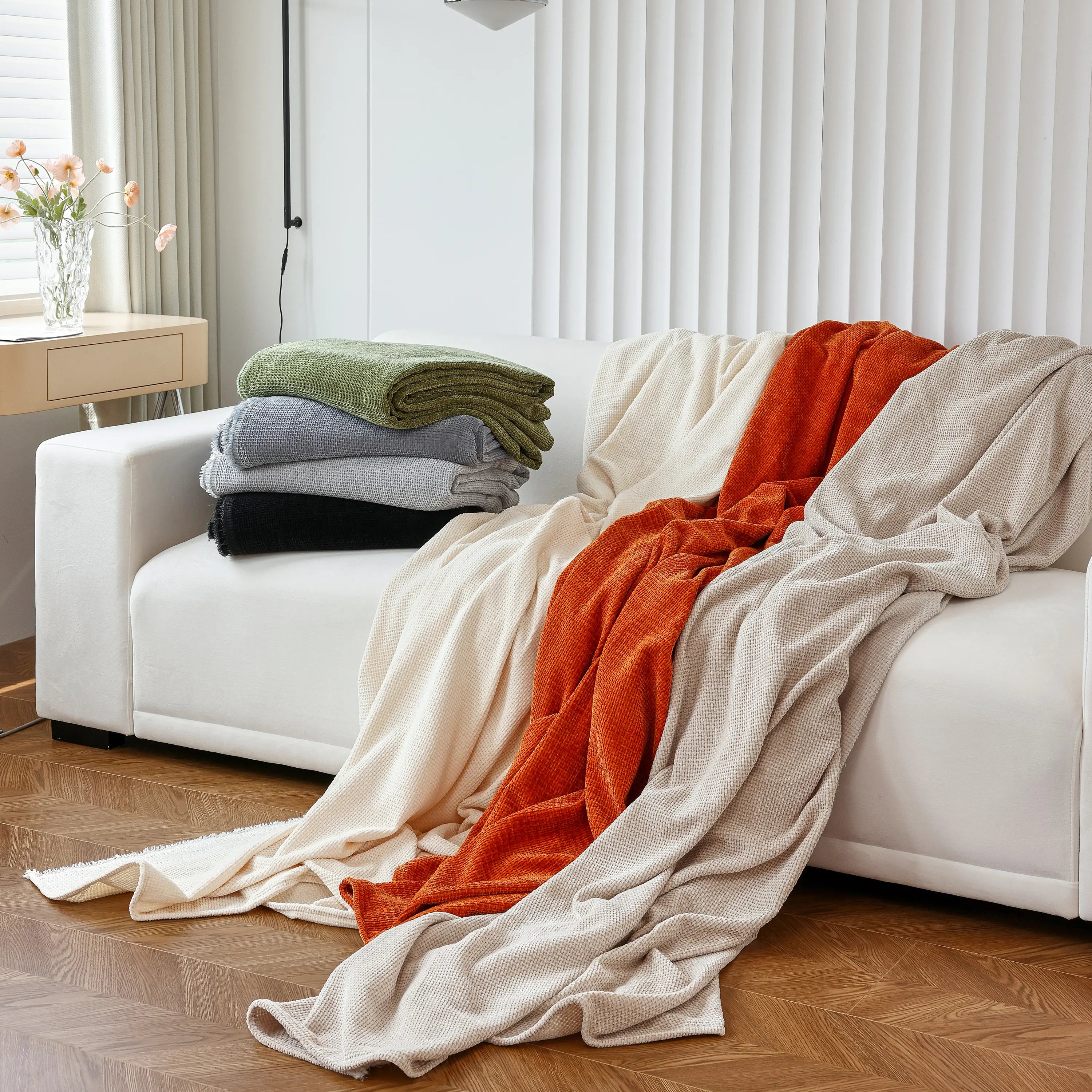 Chenille Thickened Solid Couch Blanket Throws, Reversible Couch Covers For Sectional Couches