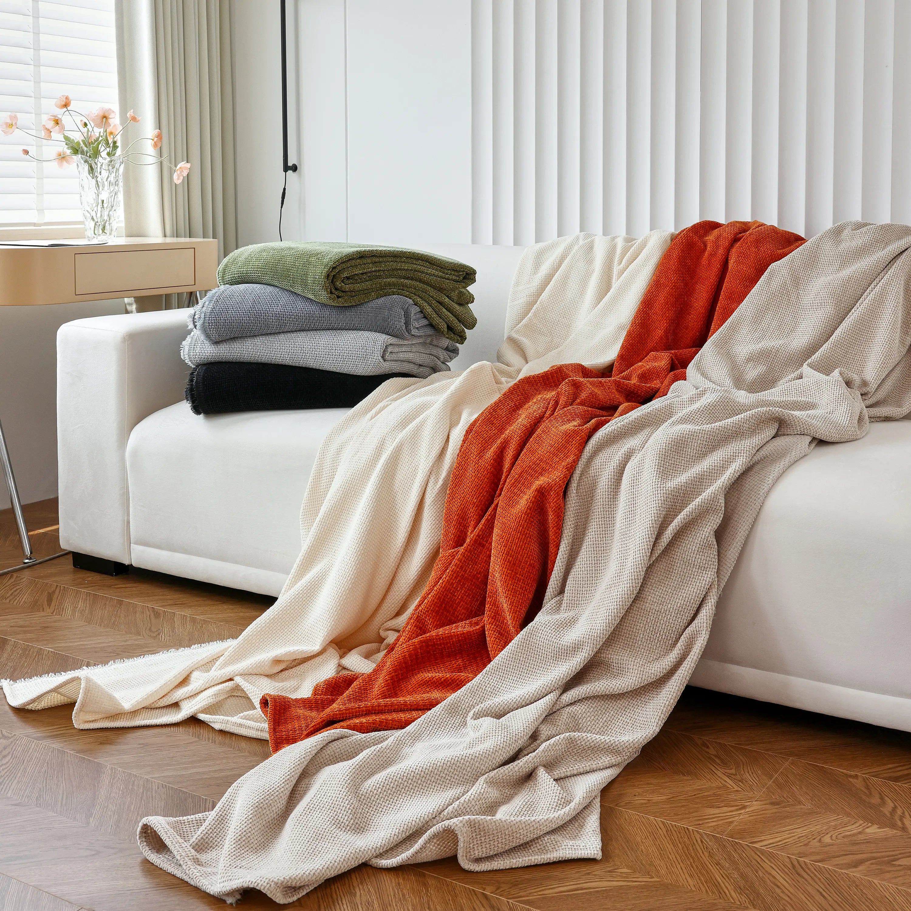 Chenille Thickened Solid Couch Blanket Throws, Reversible Couch Covers For Sectional Couches