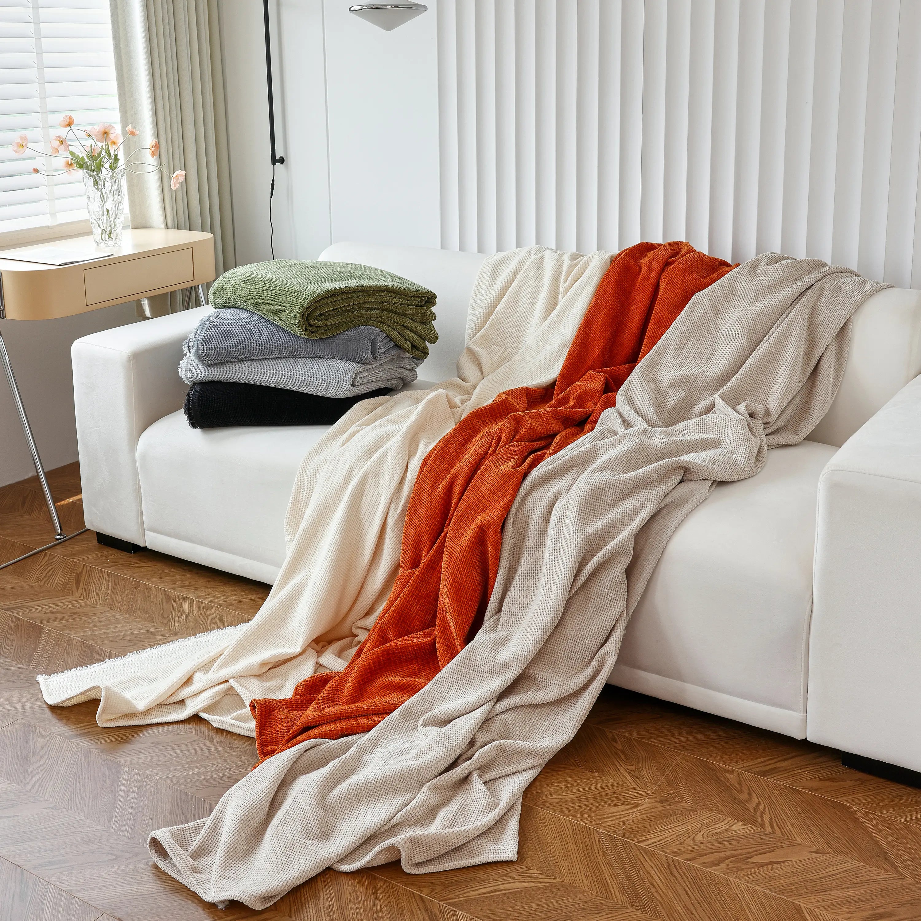 Chenille Thickened Solid Couch Blanket Throws, Reversible Couch Covers For Sectional Couches