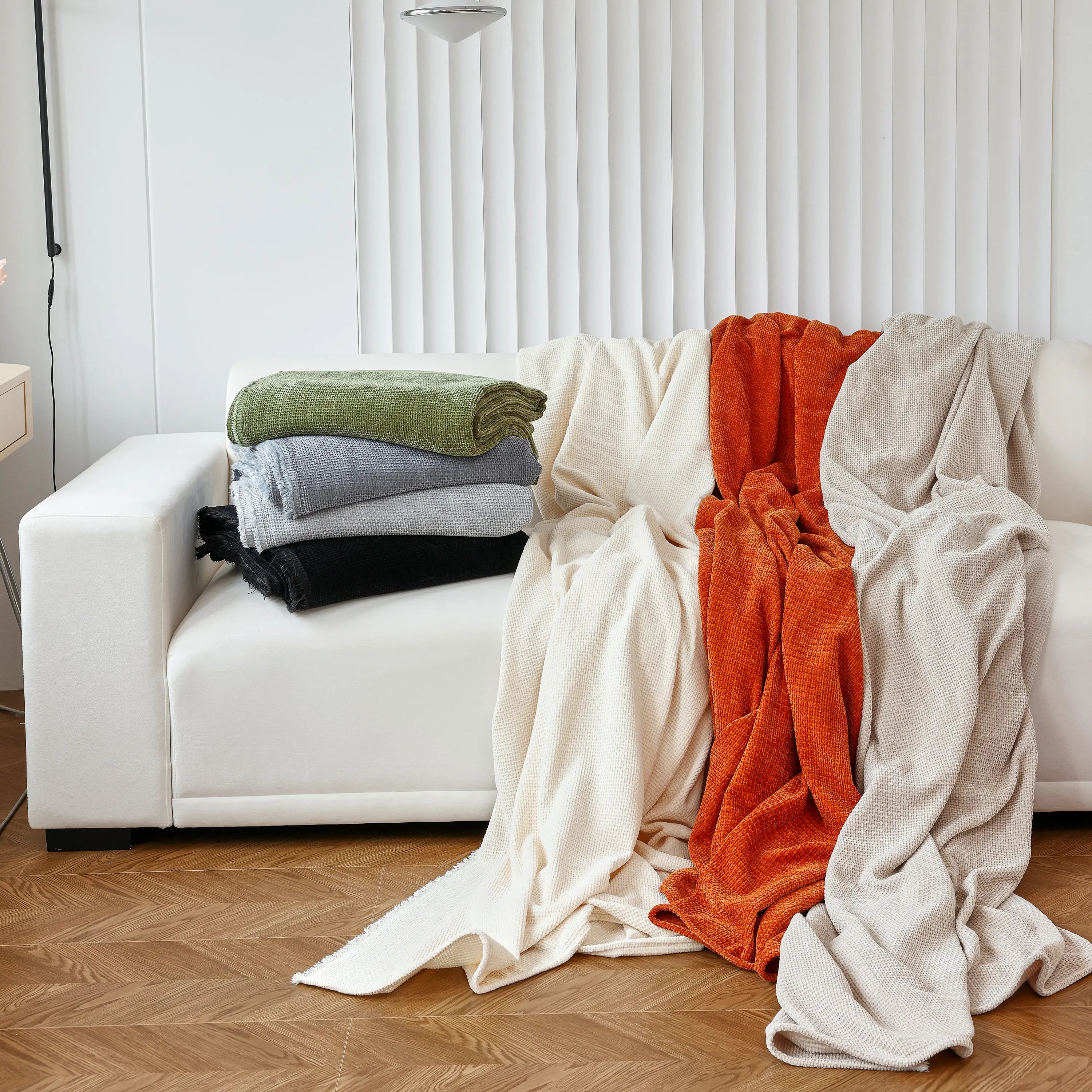 Chenille Thickened Solid Couch Blanket Throws, Reversible Couch Covers For Sectional Couches