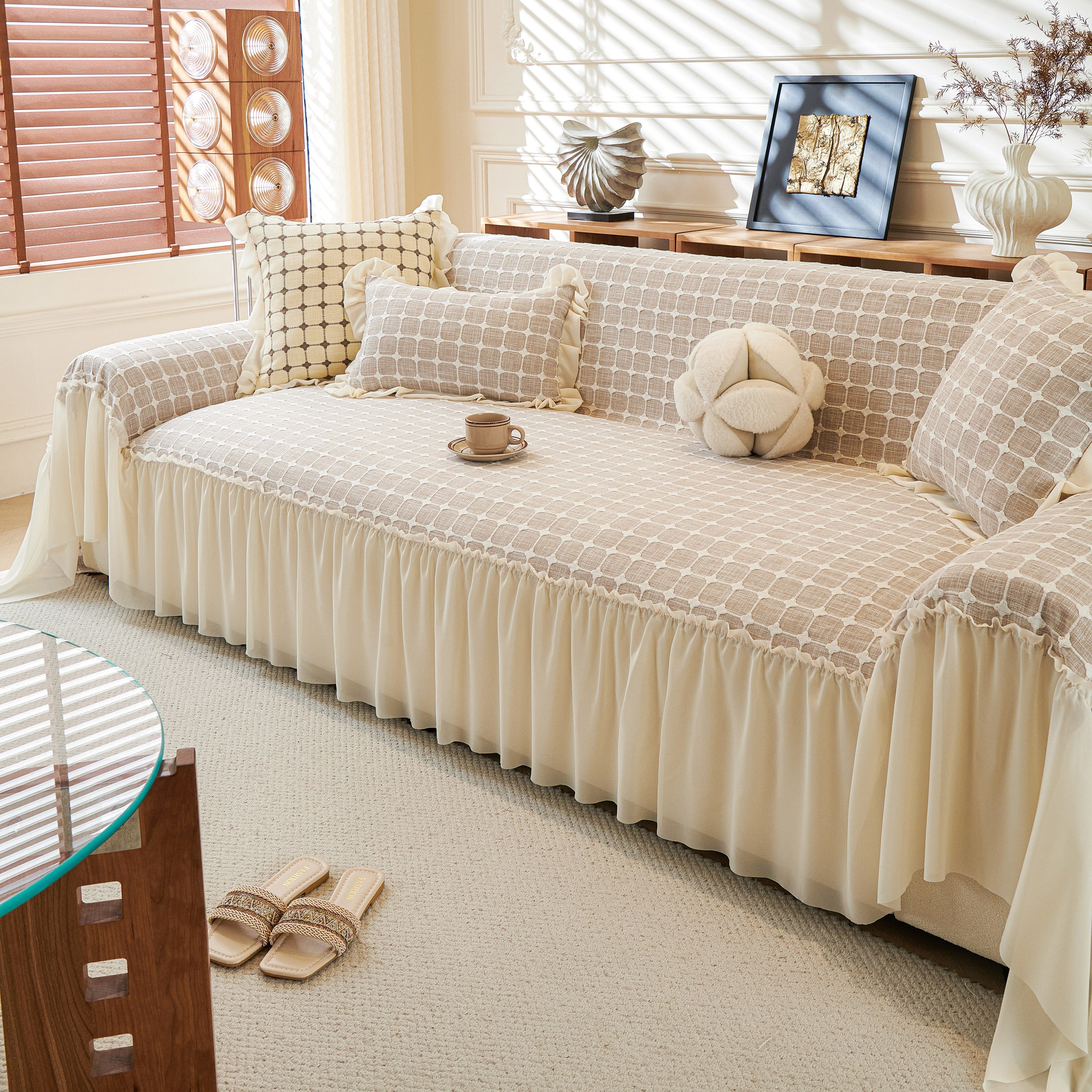 Grid Textured Sofa Cover With Sheer Ruffle Skirt, Pet-friendly Sofa Throw Slipcover