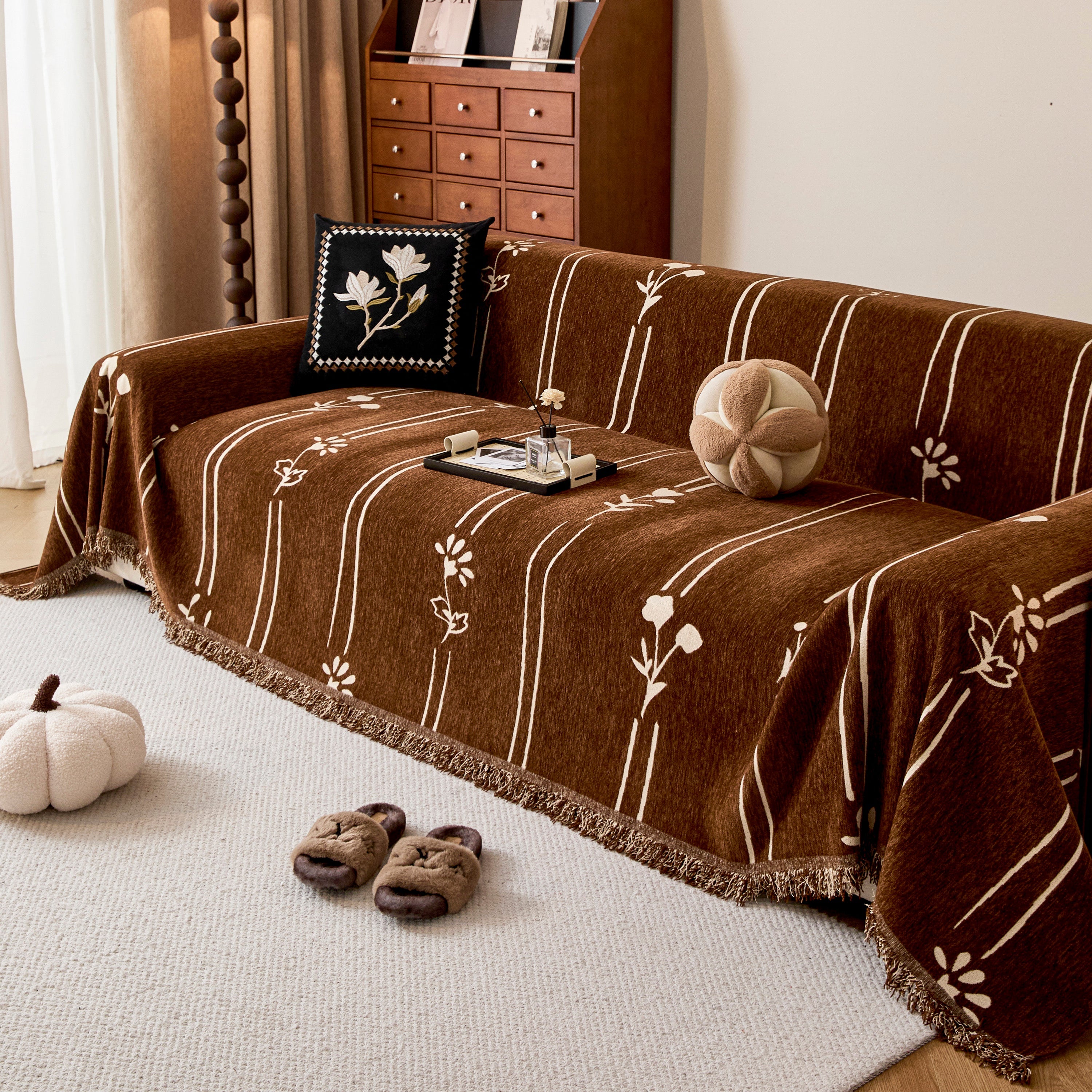 Chenille Jacquard Sofa Throw Cover With Tassel Soft Thick Couch Protector Blanket