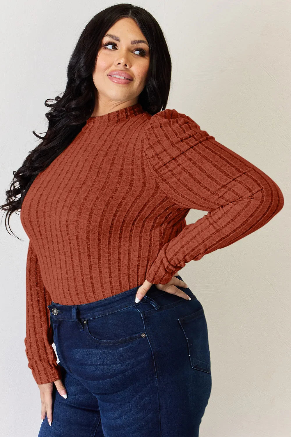 Basic Bae Full Size Ribbed Mock Neck Puff Sleeve T-shirt | Includes Plus Size