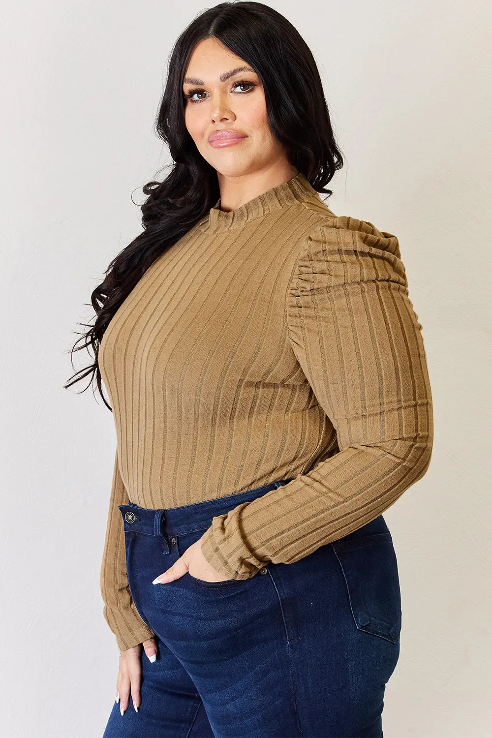 Basic Bae Full Size Ribbed Mock Neck Puff Sleeve T-shirt | Includes Plus Size