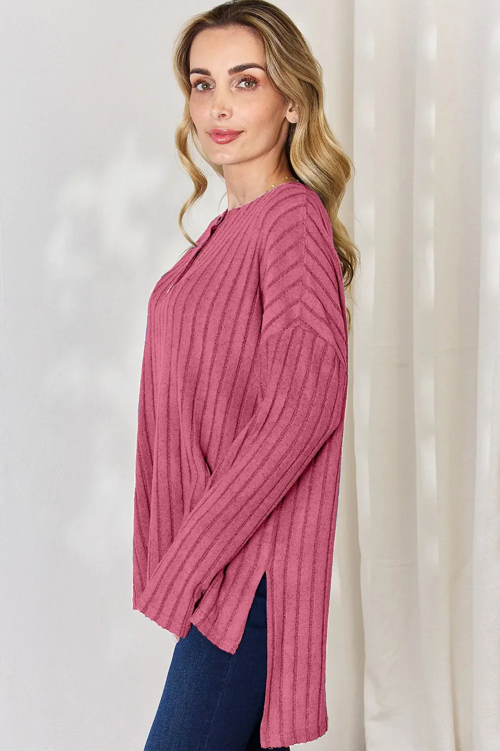 Basic Bae Full Size Ribbed Half Button Long Sleeve High-low Knit Top | Includes Plus Size