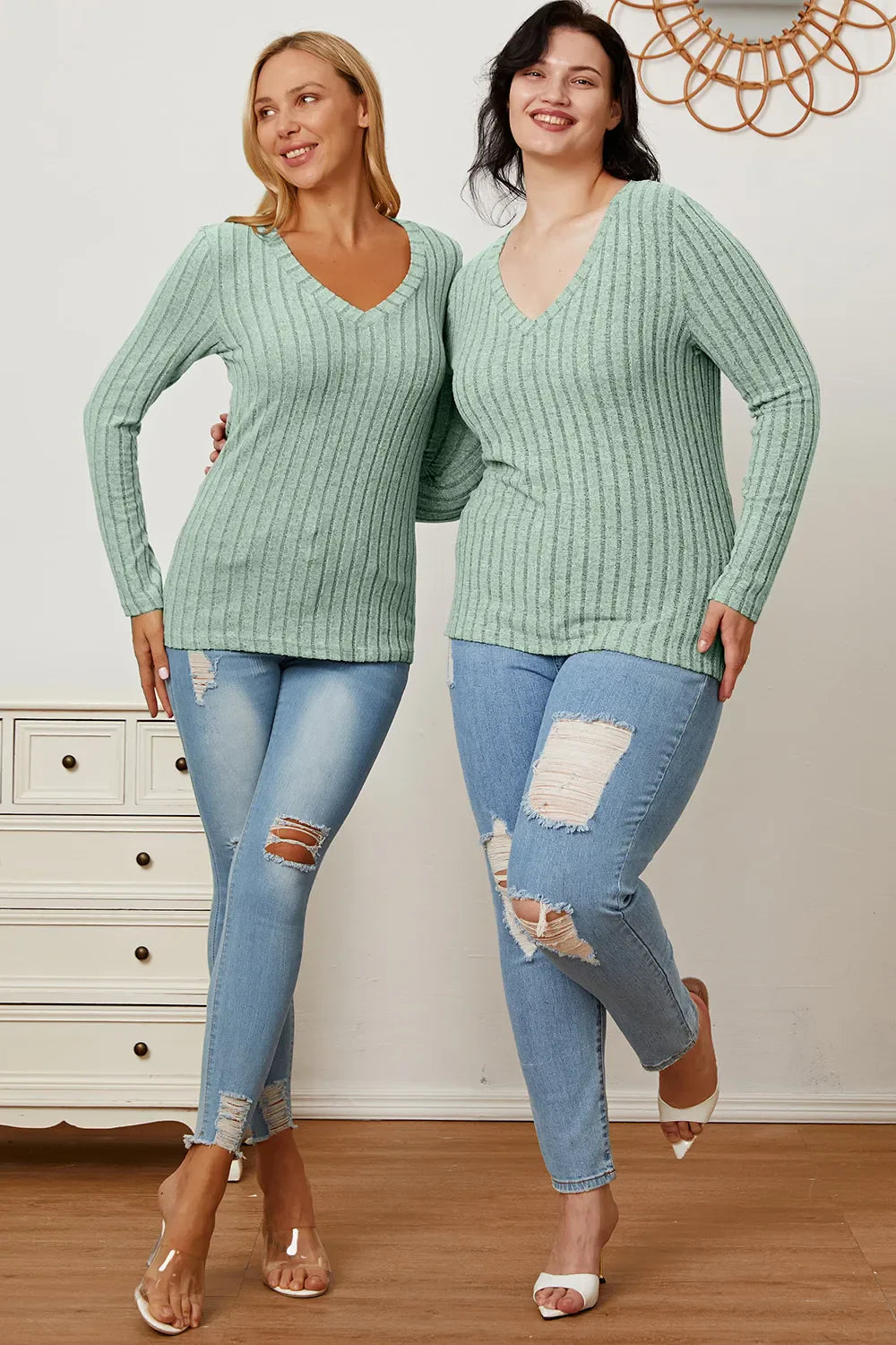Basic Bae Full Size Ribbed V-neck Long Sleeve Knit Top | Includes Plus Size