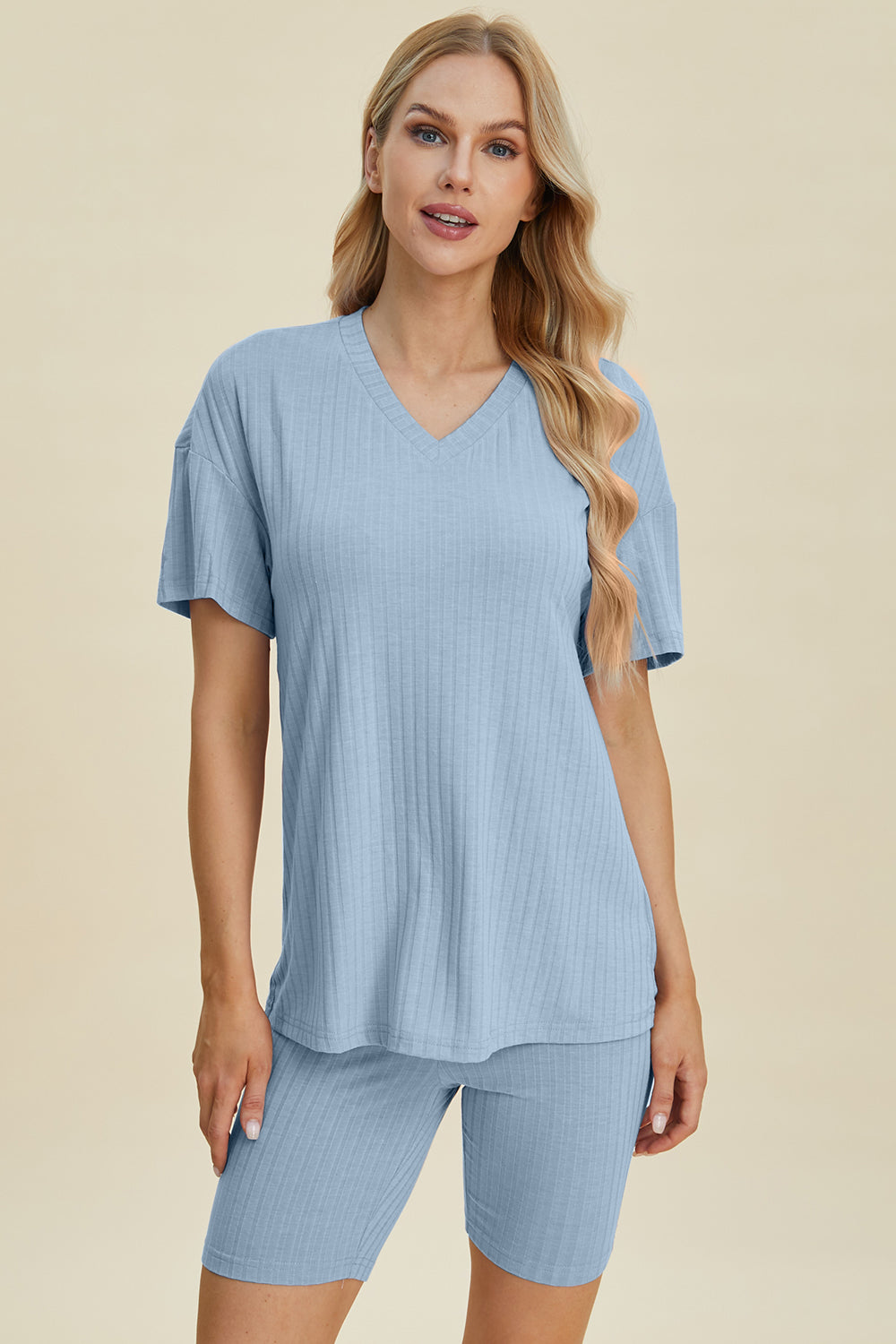 Basic Bae Full Size Ribbed V-neck Short Sleeve Top And Shorts Set