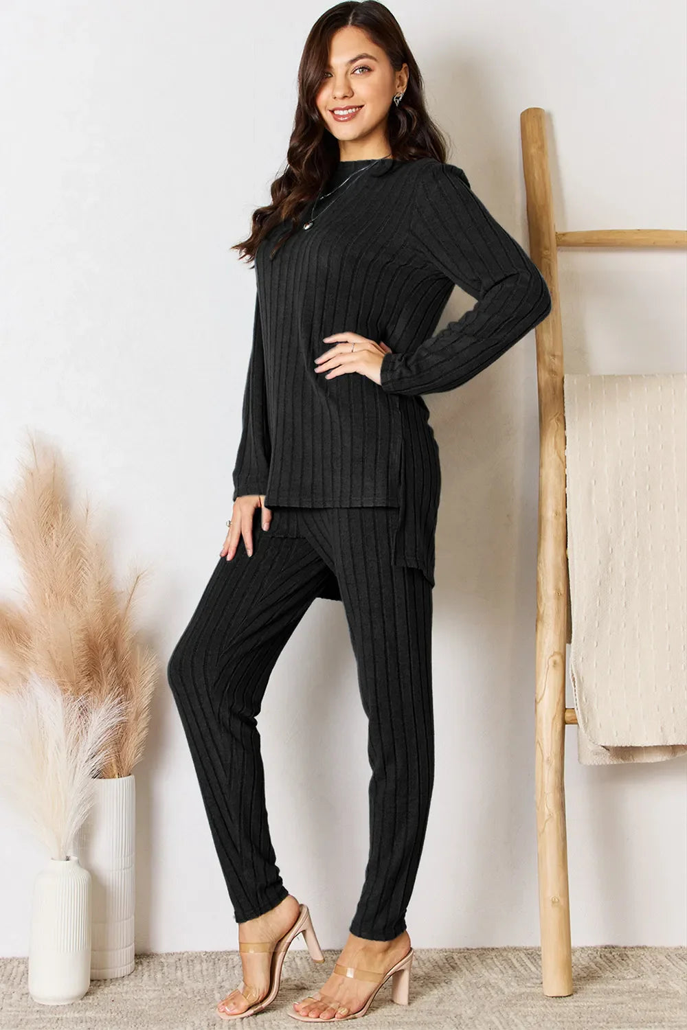 Basic Bae Full Size Ribbed Round Neck High-low Slit Top And Pants Set