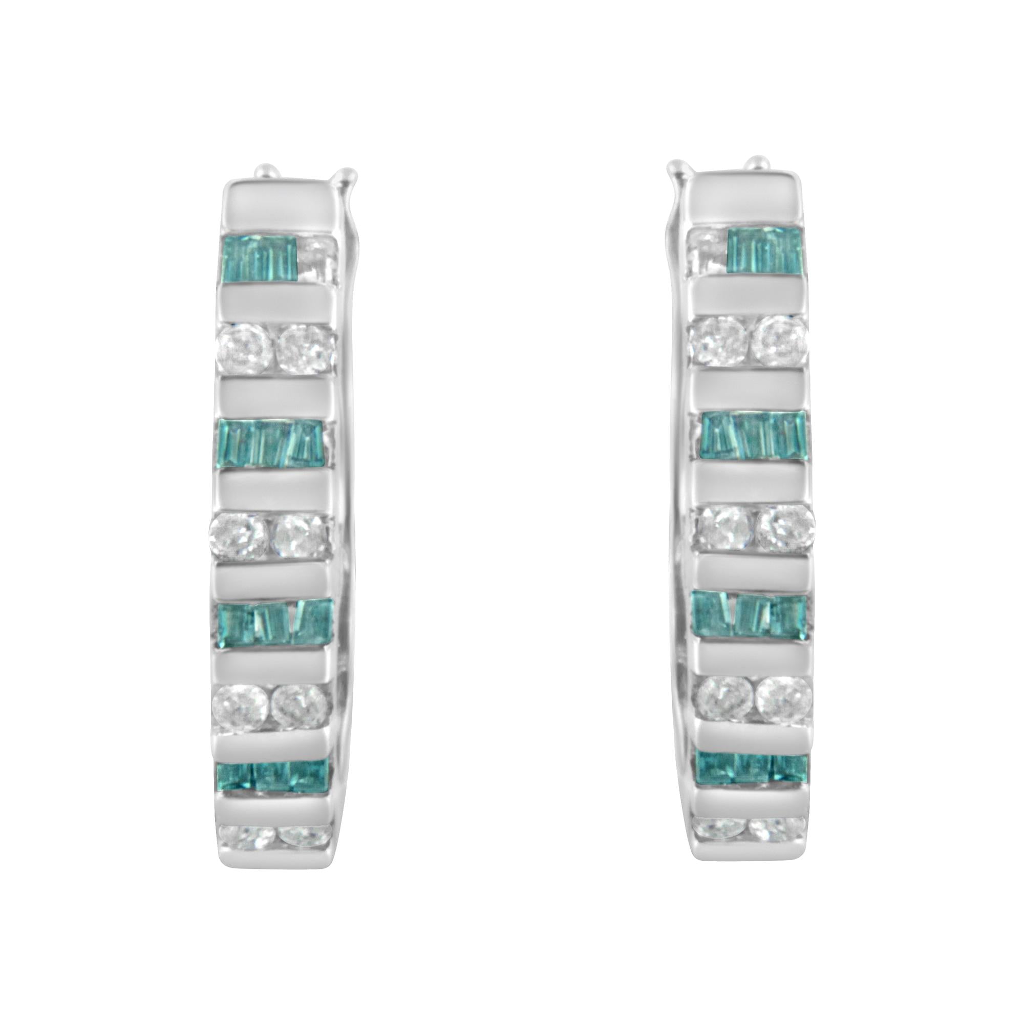 10k White Gold Round And Blue Baguette Diamond Hoop Earrings (0.50 Cttw, I-j Color, I2-i3 Clarity)