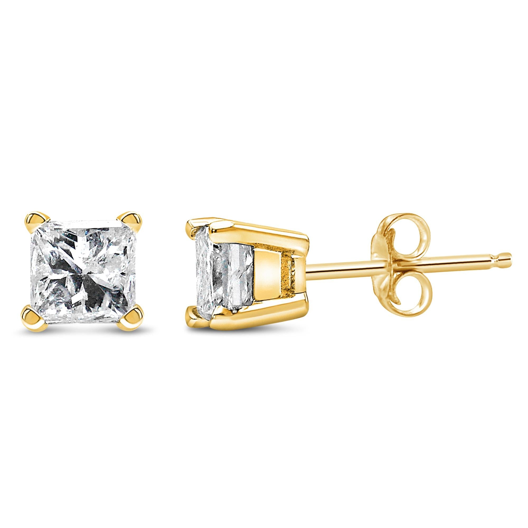 Igi Certified 1/4 Cttw Princess-cut Square Diamond 4-prong Solitaire Stud Earrings In 14k Yellow Gold (n-o Color, I1-i2 Clarity)
