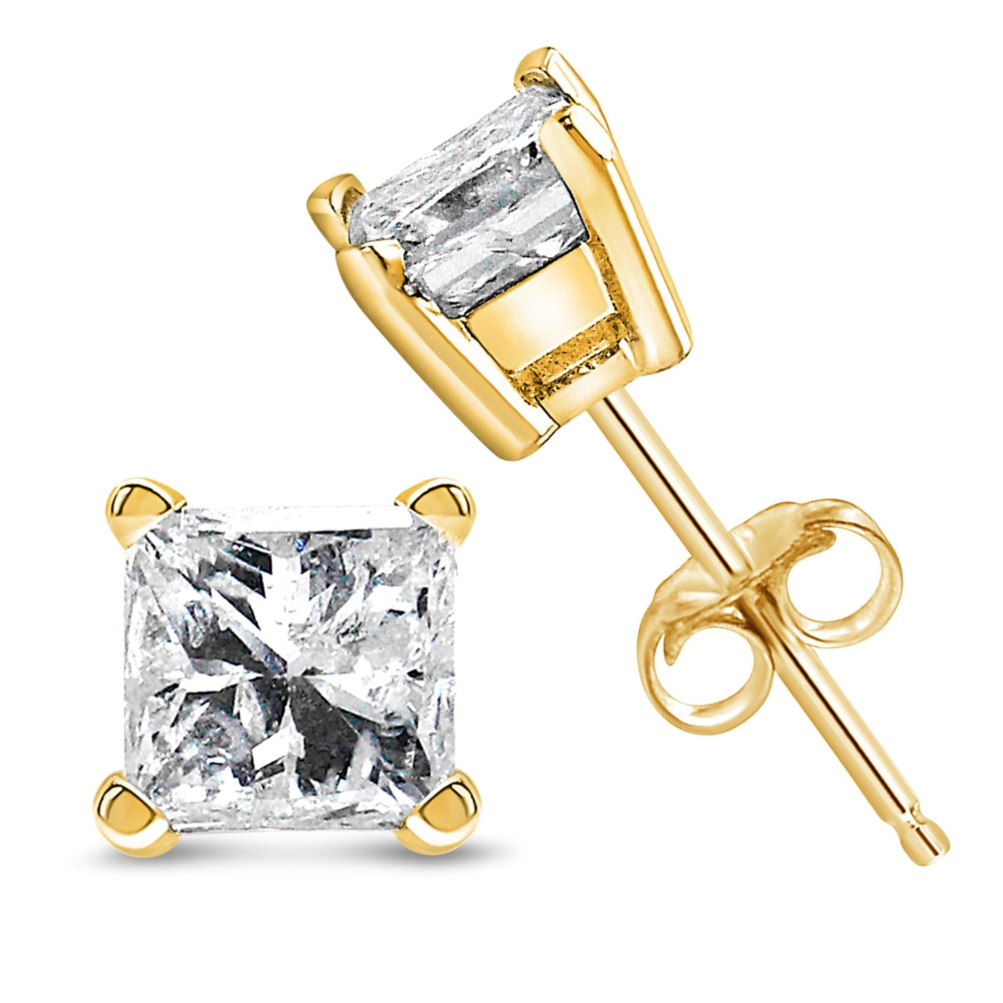 Igi Certified 1/4 Cttw Princess-cut Square Diamond 4-prong Solitaire Stud Earrings In 14k Yellow Gold (n-o Color, I1-i2 Clarity)
