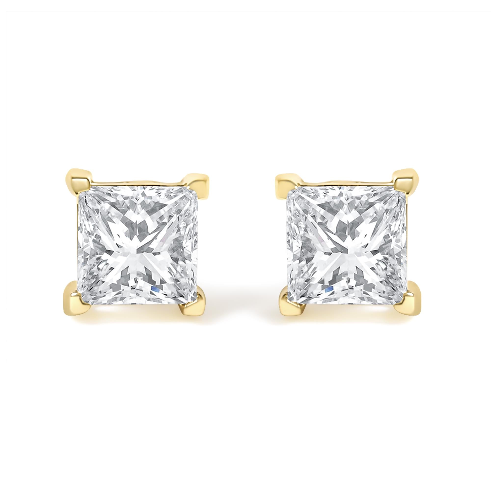 Igi Certified 1/4 Cttw Princess-cut Square Diamond 4-prong Solitaire Stud Earrings In 14k Yellow Gold (n-o Color, I1-i2 Clarity)