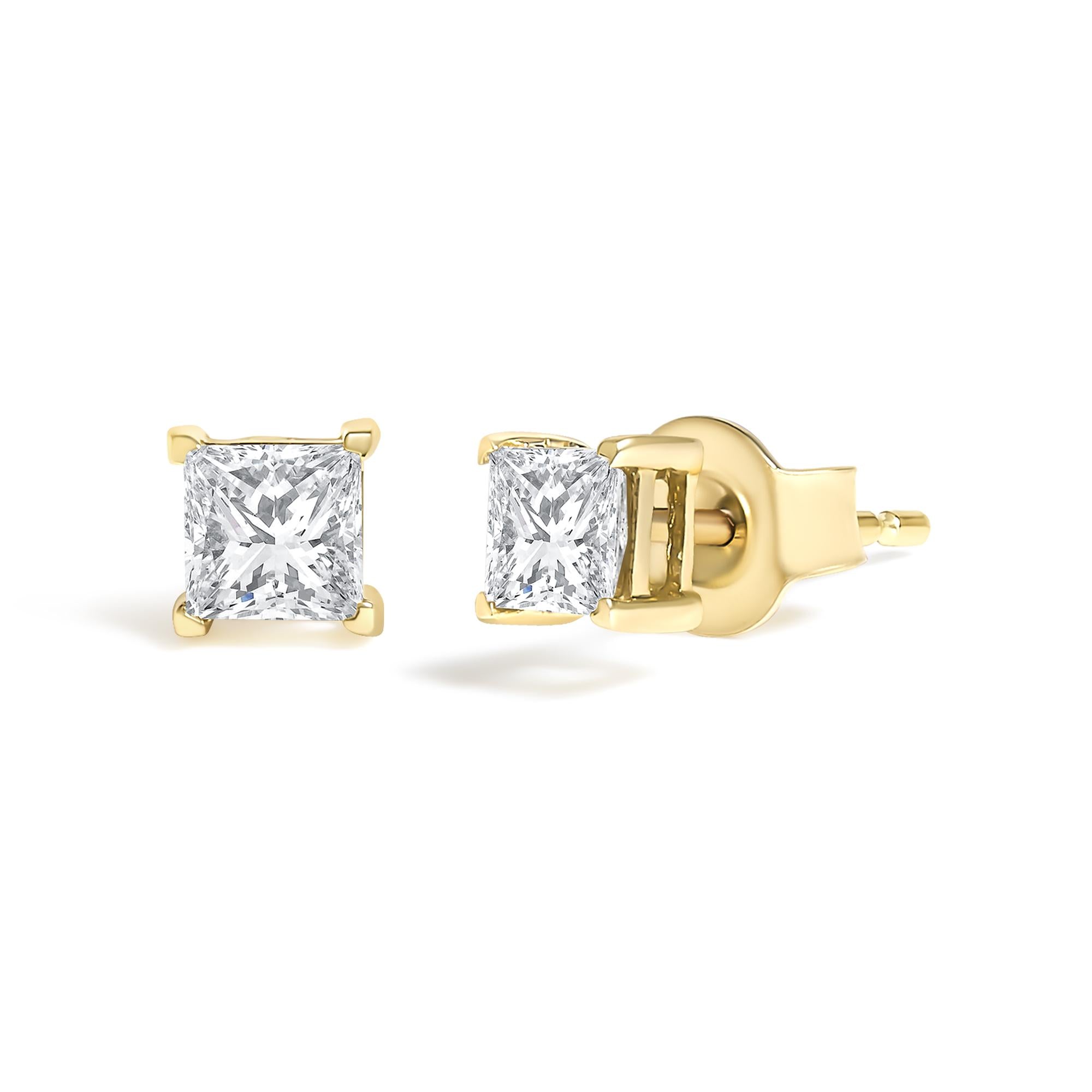 Igi Certified 1/4 Cttw Princess-cut Square Diamond 4-prong Solitaire Stud Earrings In 14k Yellow Gold (n-o Color, I1-i2 Clarity)