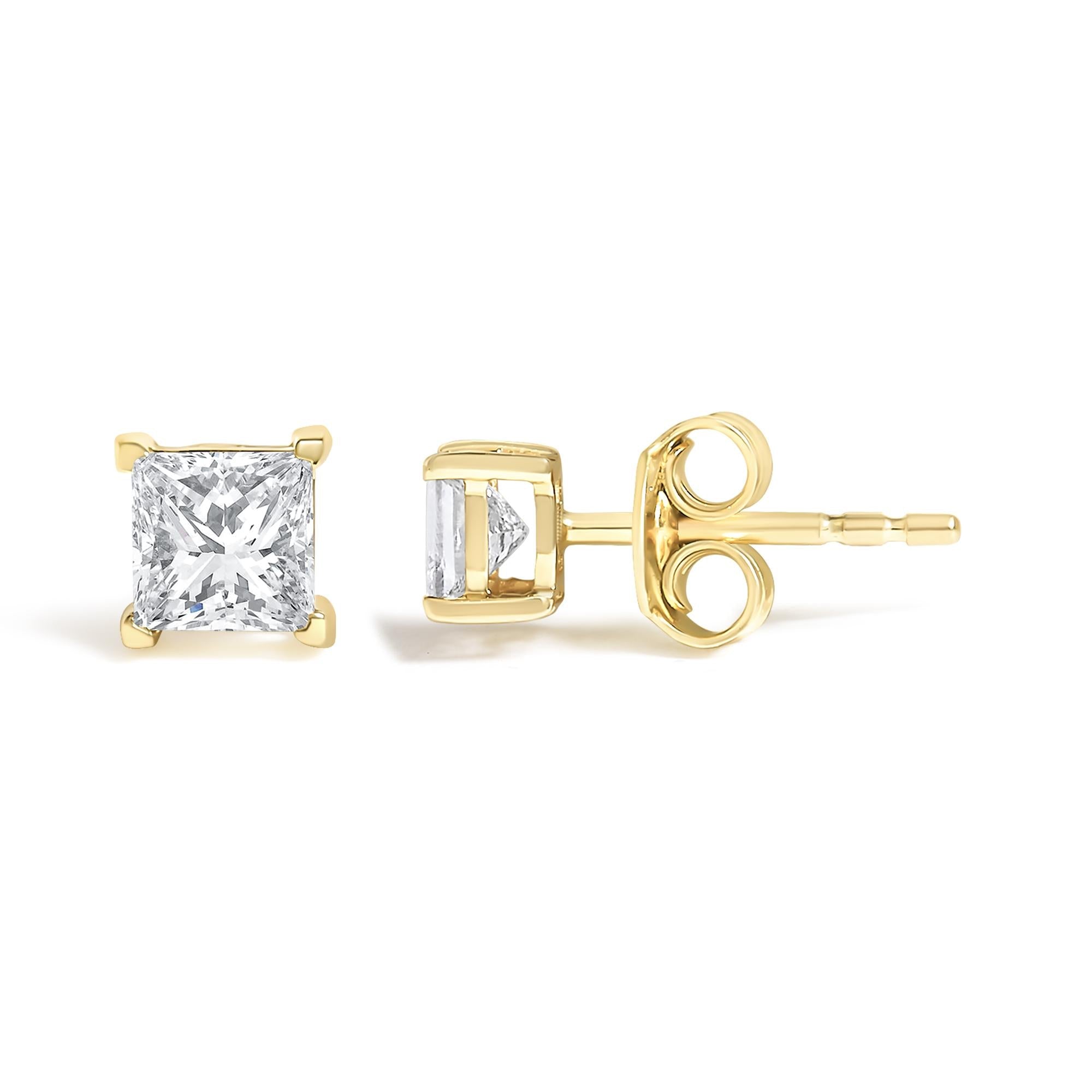 Igi Certified 1/4 Cttw Princess-cut Square Diamond 4-prong Solitaire Stud Earrings In 14k Yellow Gold (n-o Color, I1-i2 Clarity)