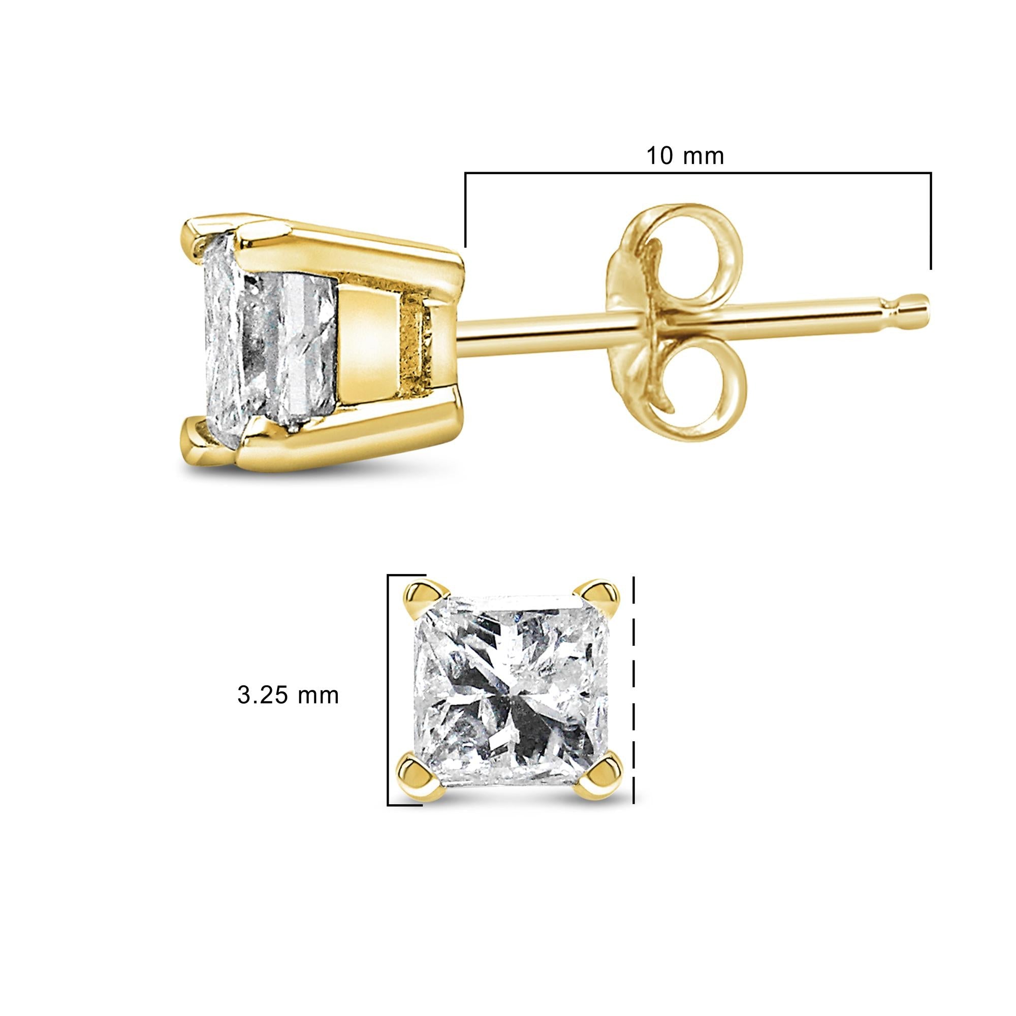 Igi Certified 1/4 Cttw Princess-cut Square Diamond 4-prong Solitaire Stud Earrings In 14k Yellow Gold (n-o Color, I1-i2 Clarity)
