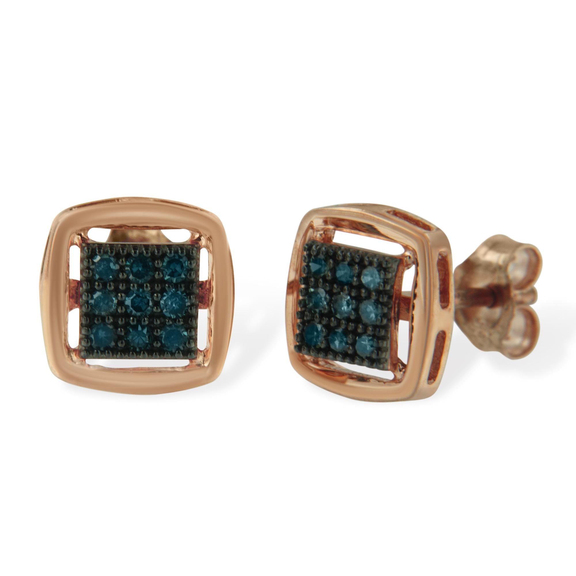 Rose Plated Sterling Silver Rose Cut Treated Diamond Stud Earring (0.25 Cttw, Blue Color, I2-i3 Clarity)