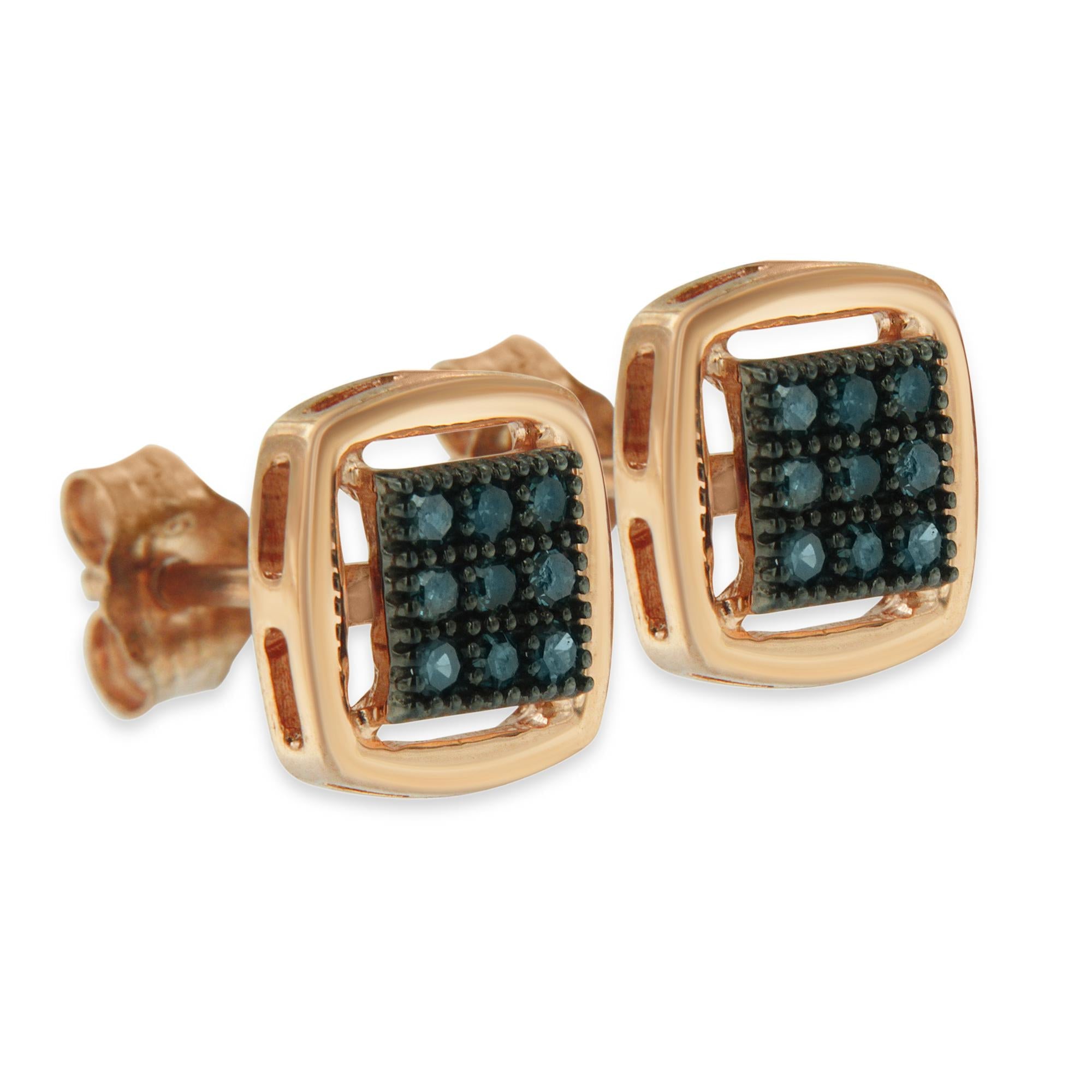 Rose Plated Sterling Silver Rose Cut Treated Diamond Stud Earring (0.25 Cttw, Blue Color, I2-i3 Clarity)