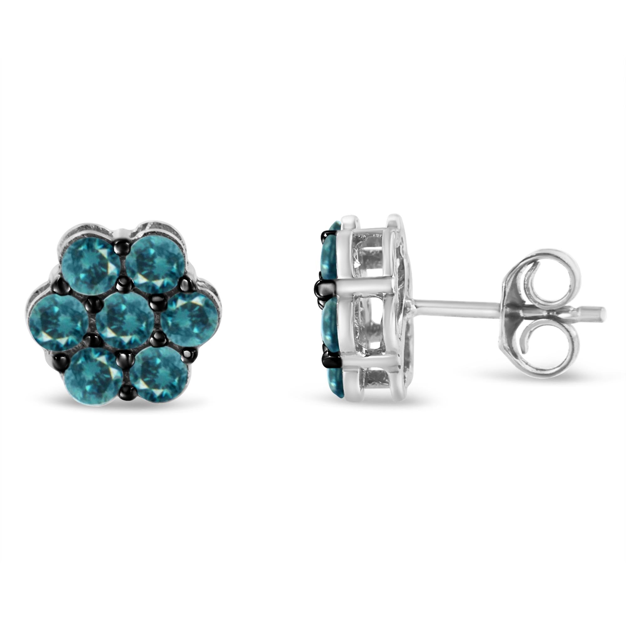 Sterling Silver Treated Blue Diamond Floral Stud Earrings (1 Cttw, Blue Color, I2-i3 Clarity)