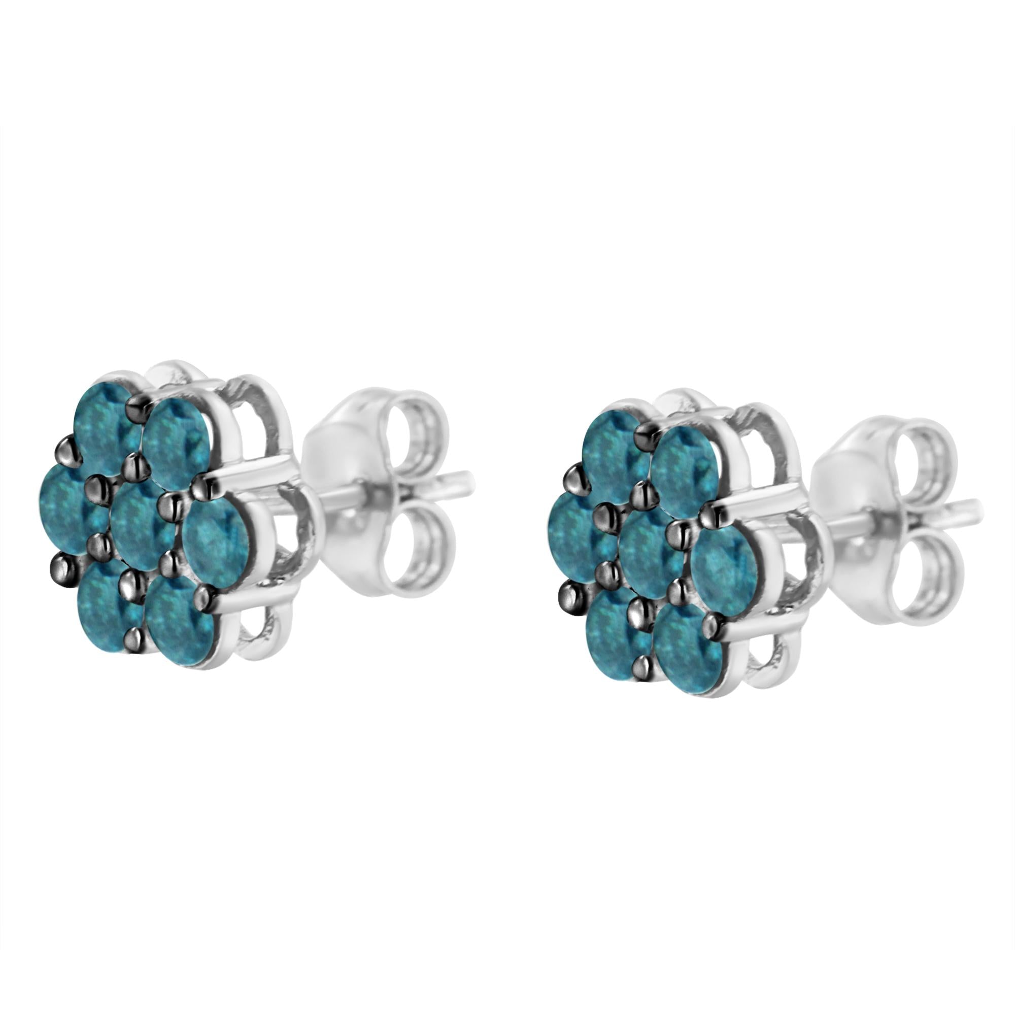 Sterling Silver Treated Blue Diamond Floral Stud Earrings (1 Cttw, Blue Color, I2-i3 Clarity)