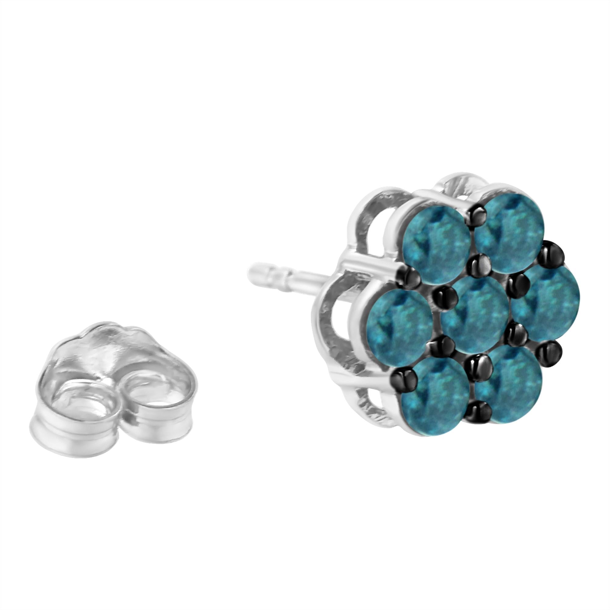 Sterling Silver Treated Blue Diamond Floral Stud Earrings (1 Cttw, Blue Color, I2-i3 Clarity)