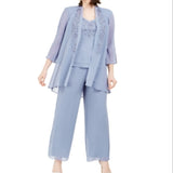 R & M Richards Women's 3 Pc Beaded Jacket Top & Wide Leg Pants Set Gray Size 12