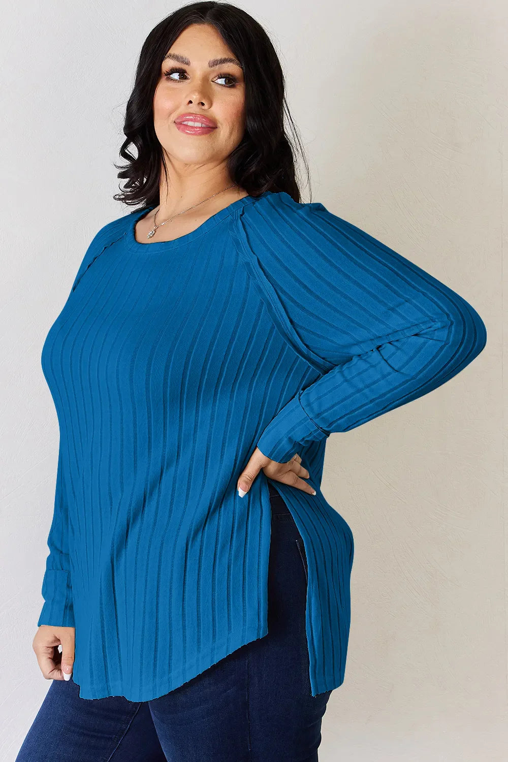 Basic Bae Full Size Ribbed Round Neck Slit Knit Top | Includes Plus Size
