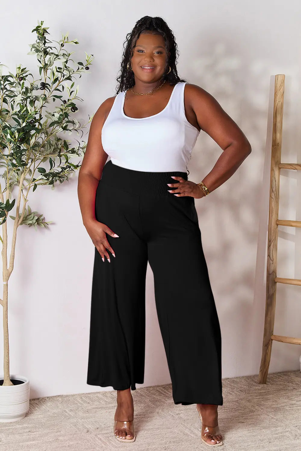 Basic Bae Full Size Smocked Wide Waistband Wide Leg Pants | Includes Plus Size