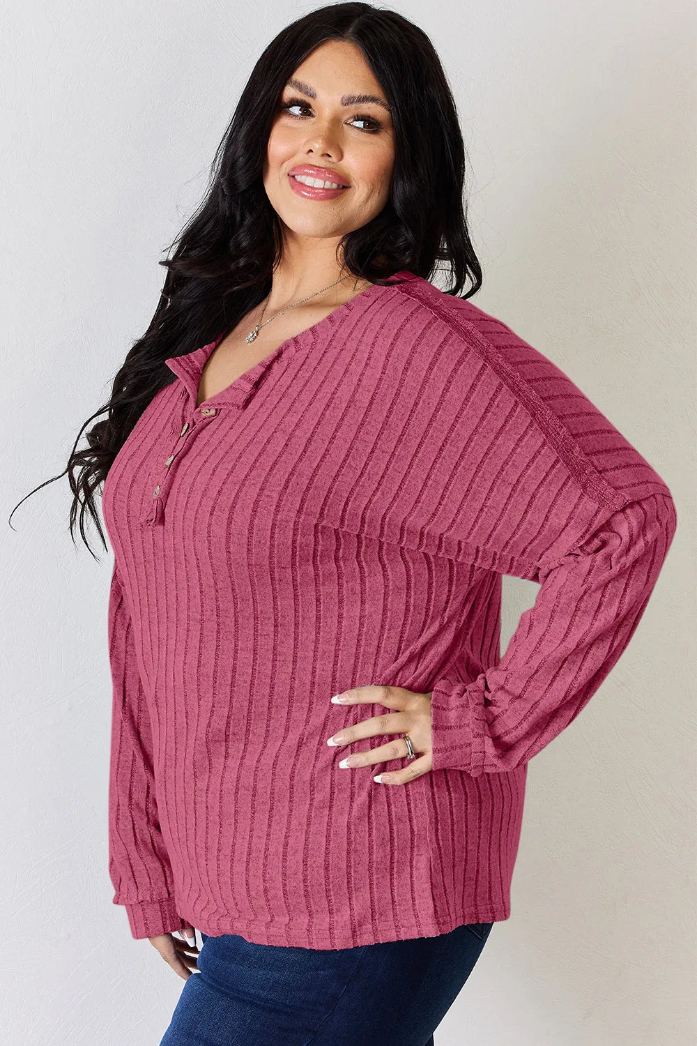 Basic Bae Full Size Ribbed Half Button Long Sleeve T-shirt