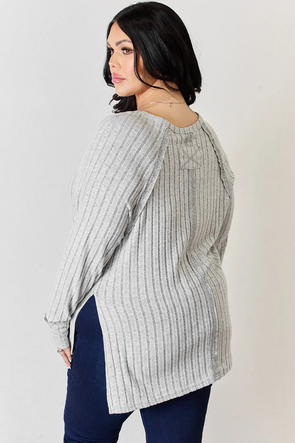 Basic Bae Full Size Ribbed Round Neck Slit Knit Top | Includes Plus Size