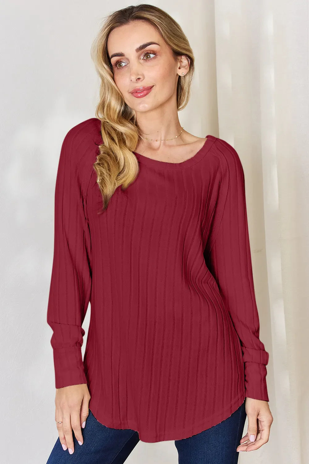 Basic Bae Full Size Ribbed Round Neck Slit Knit Top | Includes Plus Size