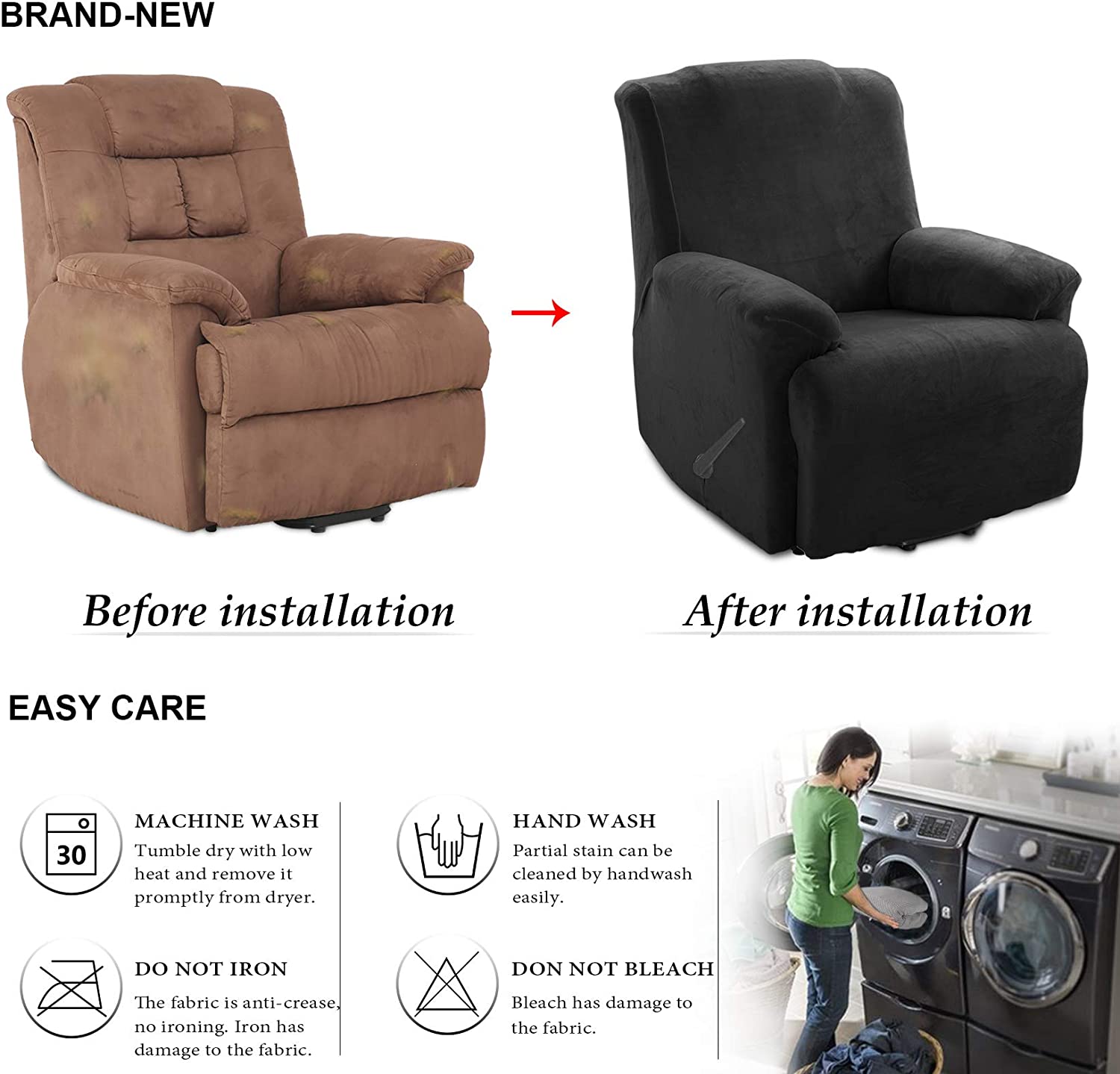 Kas Soft Plush Velvet Recliner Chair Cover - Fleece Armchair Slipcover With Pocket - 4 Pieces Furniture Cover Protector For Reclining Chair
